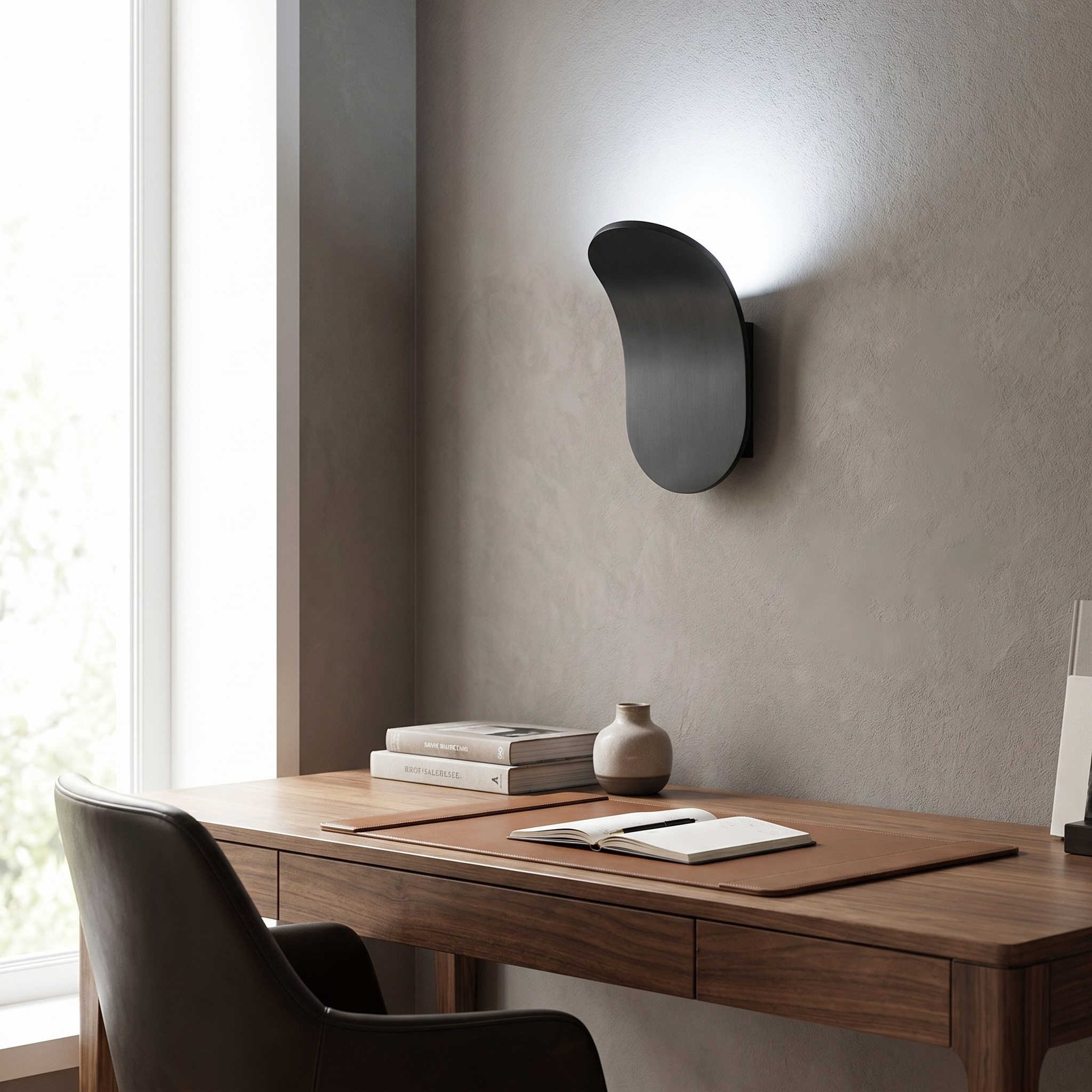 Black curved wall sconce in home office, cool glow