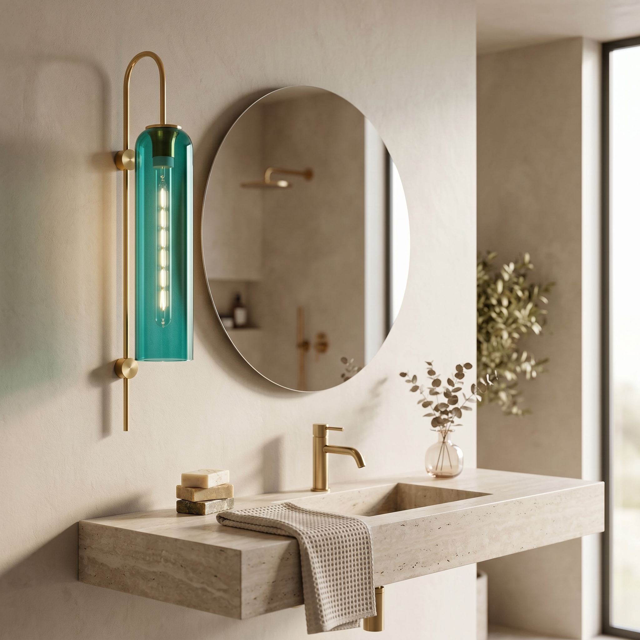 Aqua green glass wall light beside a round vanity mirror