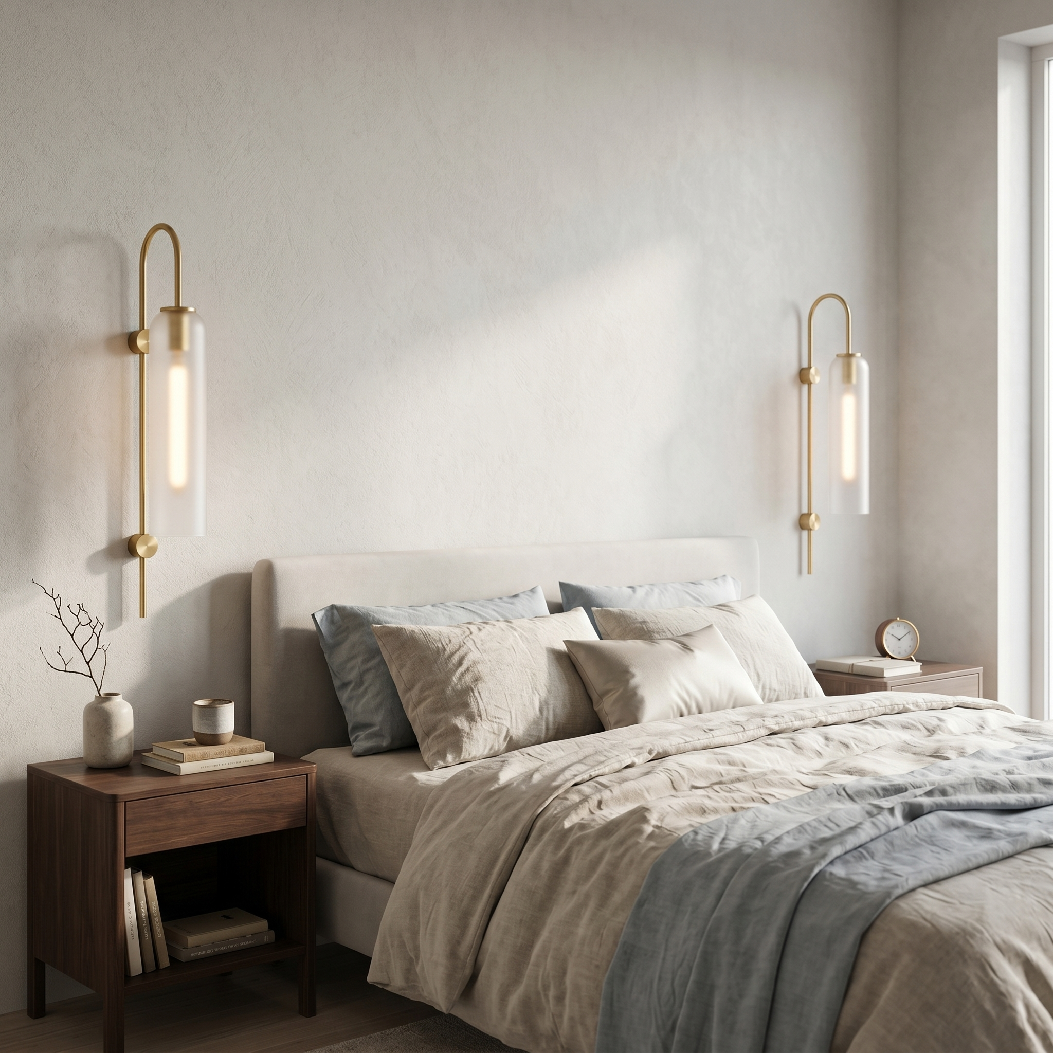 Amber glass wall lights flanking a bed in a serene bedroom