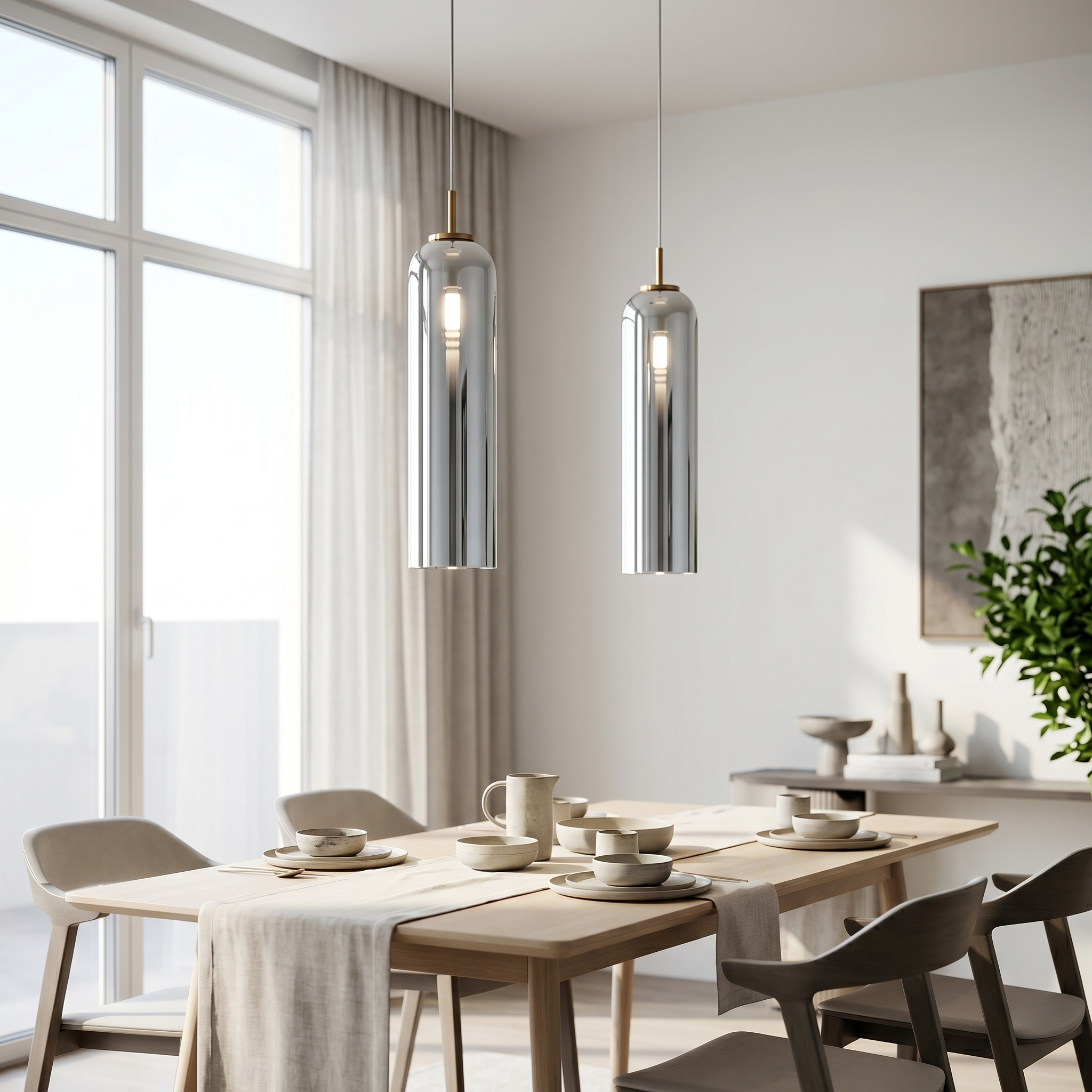 Chrome glass pendant lights over a dining table