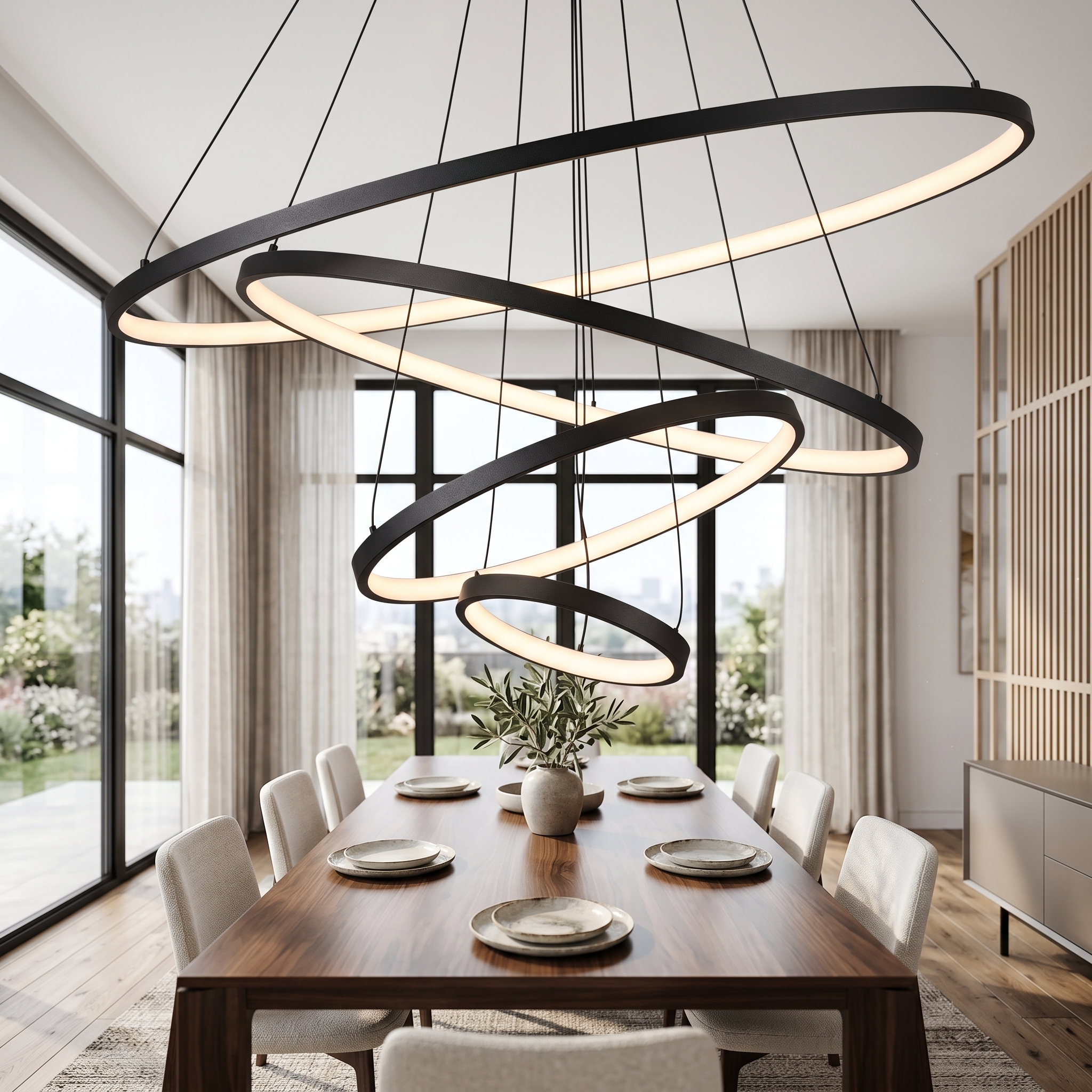 Black LED ring chandelier above a dining table
