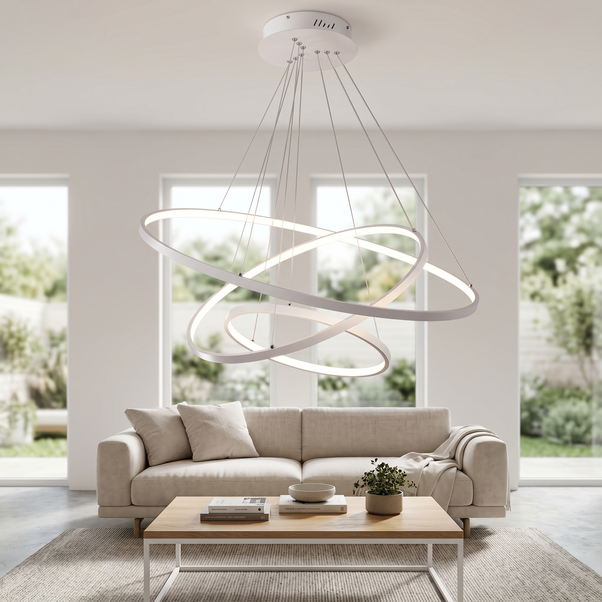 White LED ring chandelier in a bright modern living room