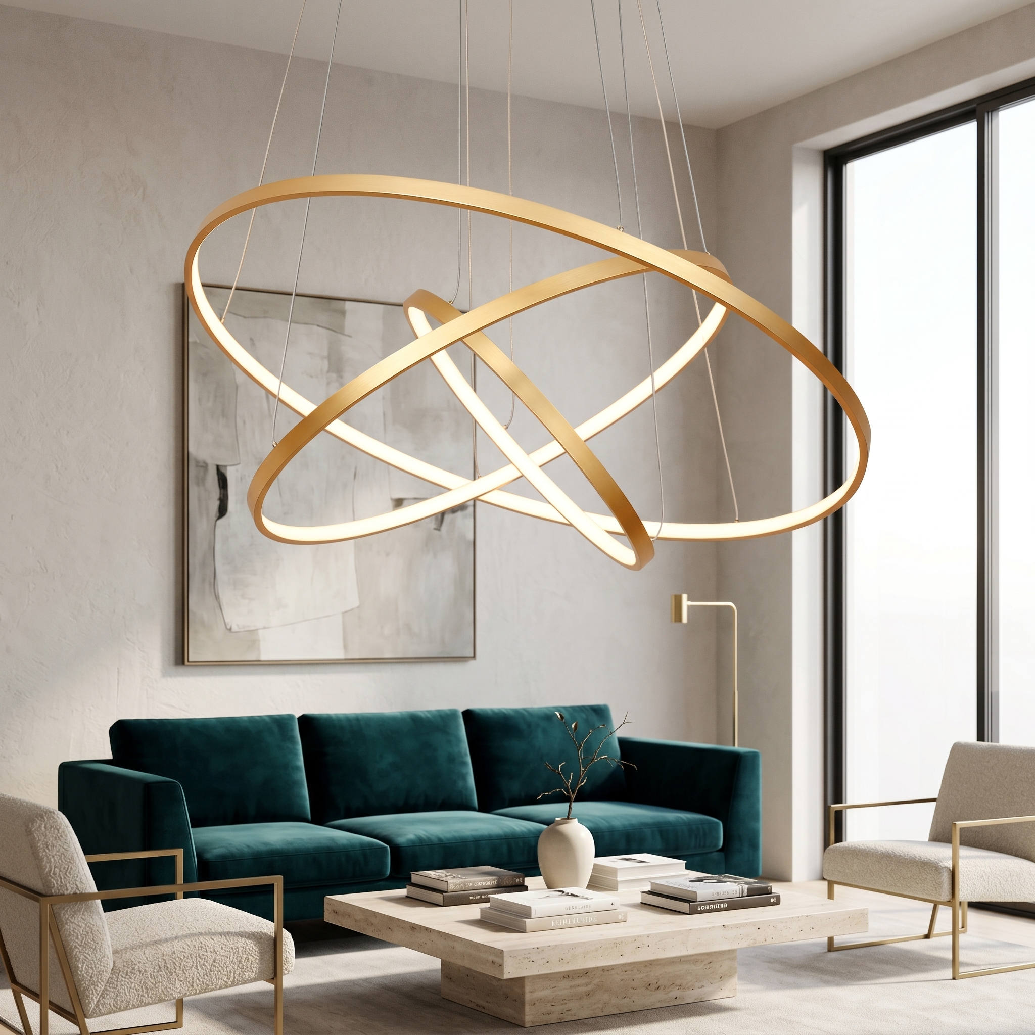 Gold LED ring chandelier above a velvet sofa in a living room