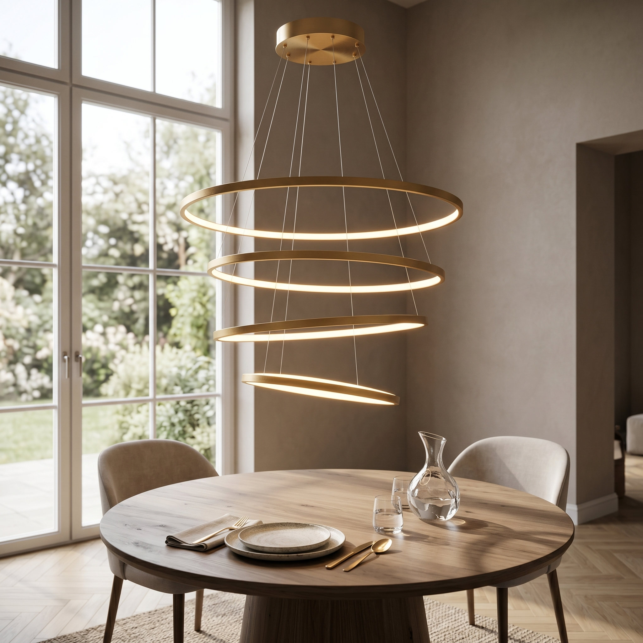 Gold LED ring chandelier hung high above a round dining table