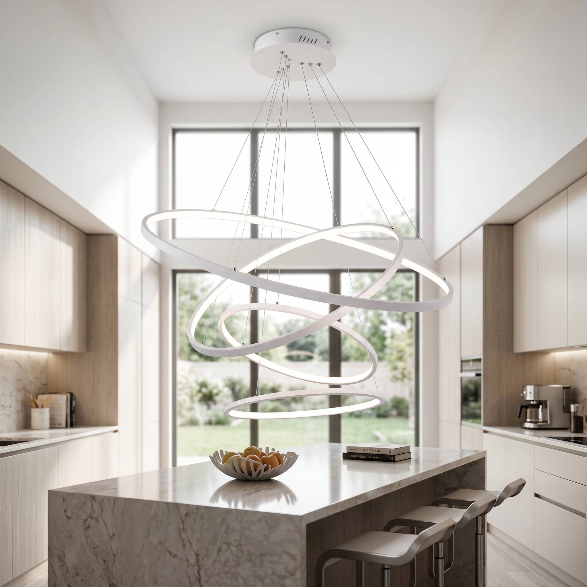 White LED ring chandelier above a marble kitchen island