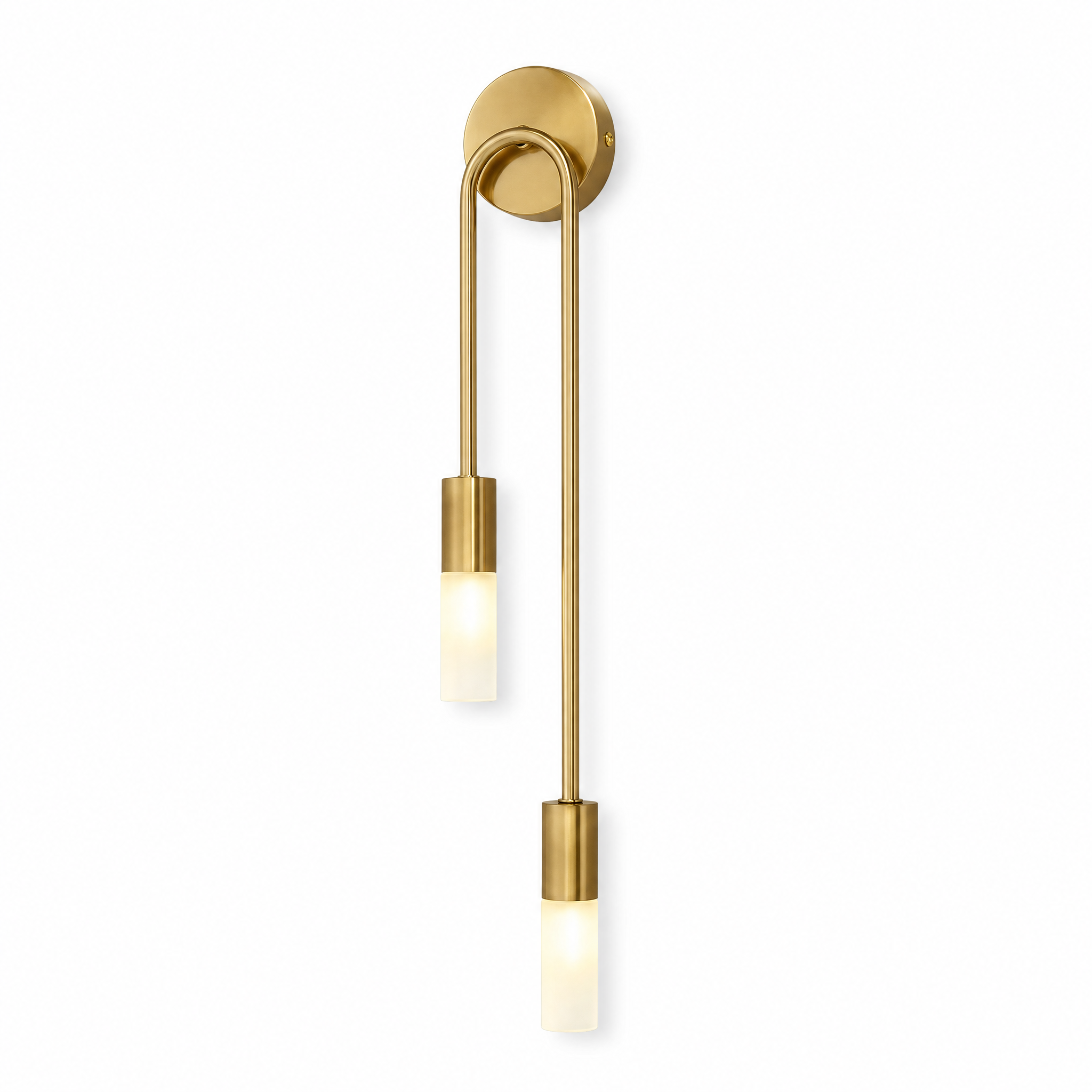 Gold left-facing curved wall sconce with two frosted tips