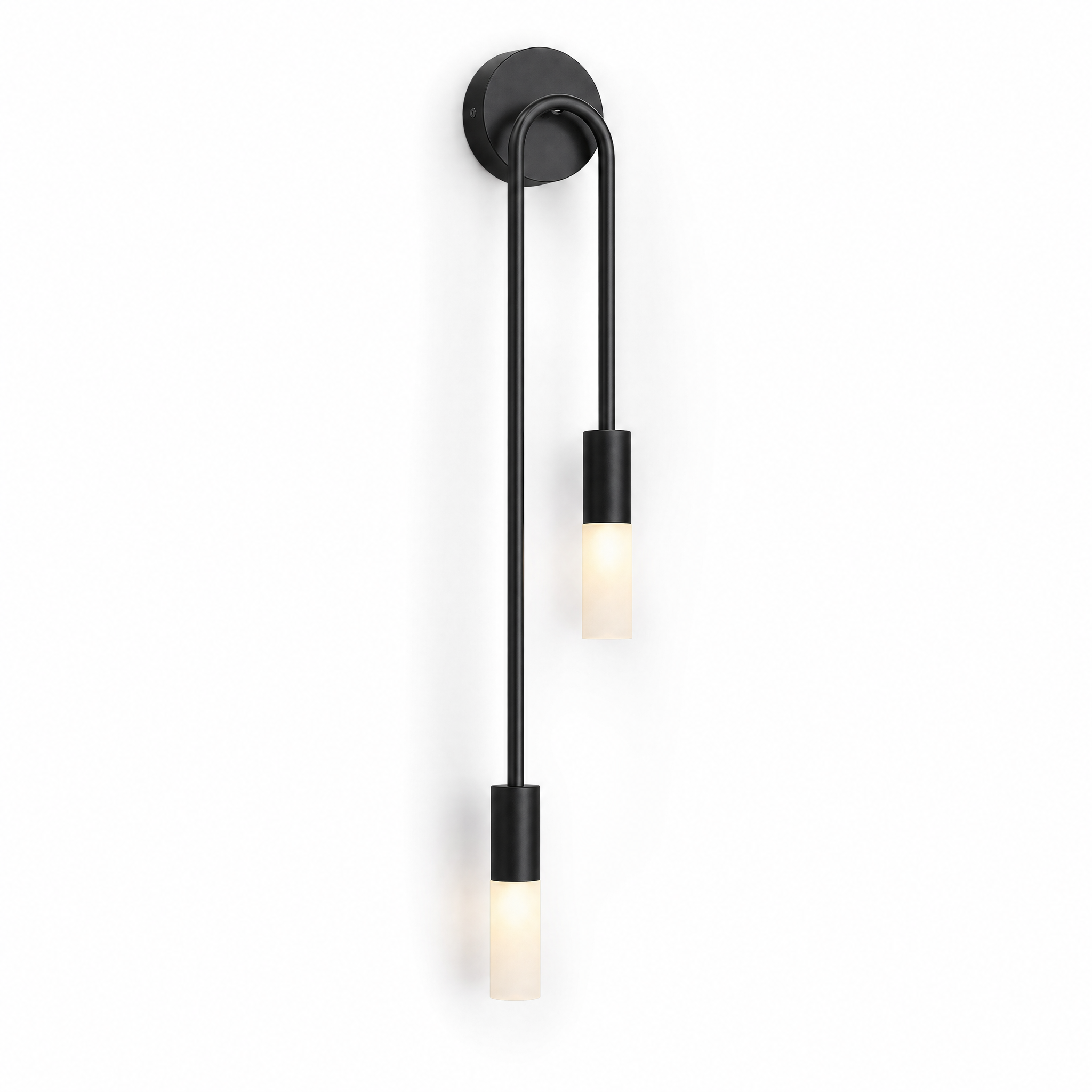 Black right-facing curved wall sconce with two frosted tips