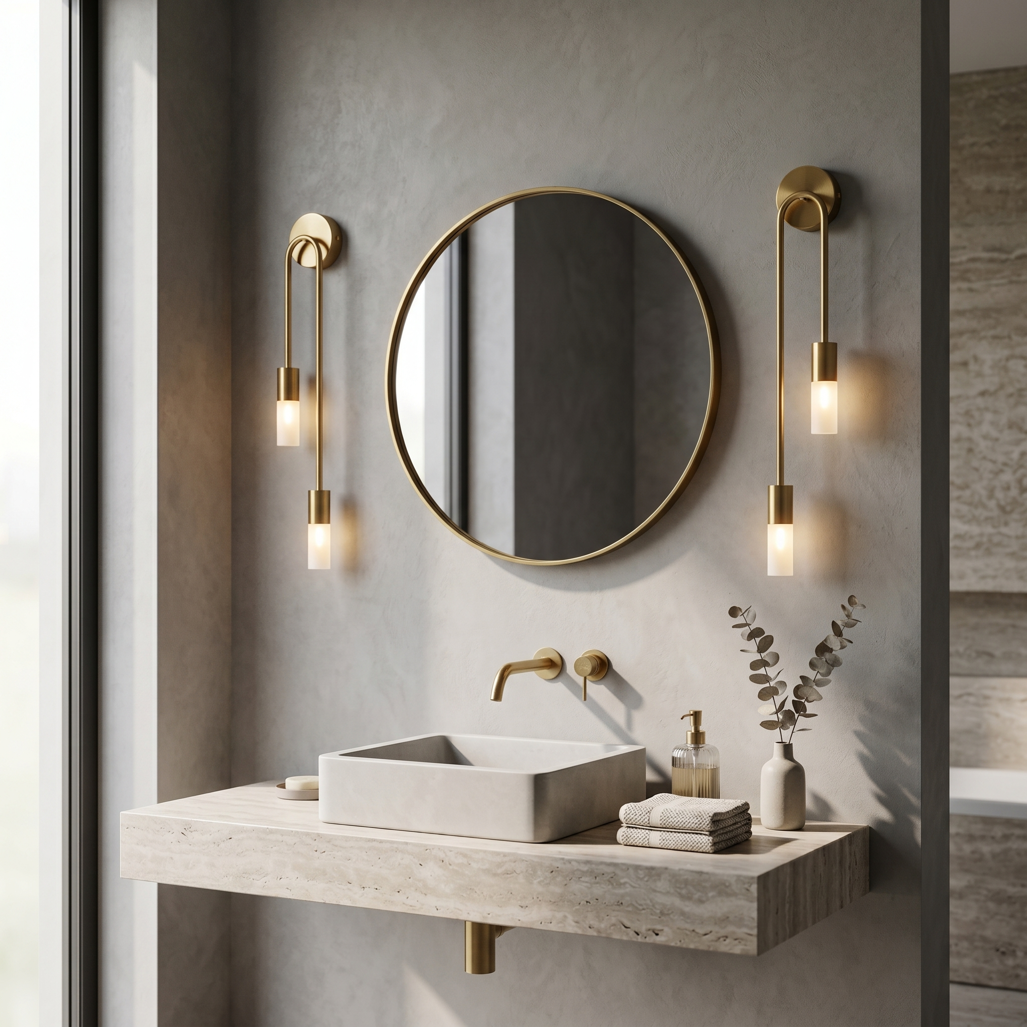 Gold wall sconces flanking a round vanity mirror in a powder room