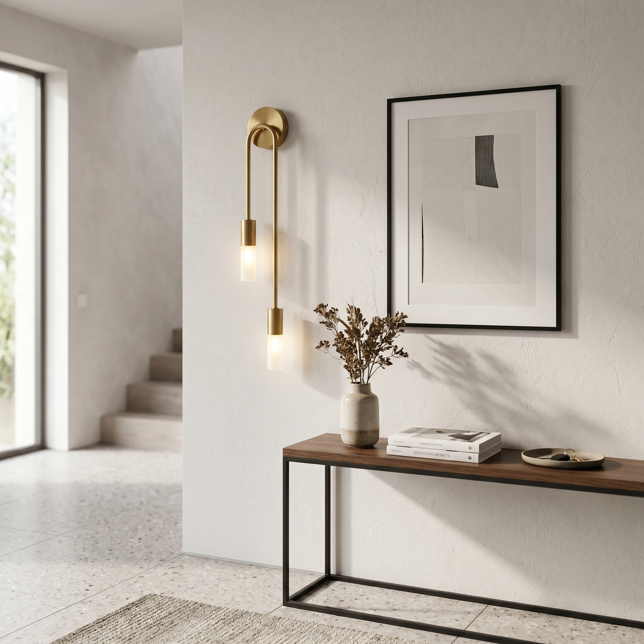 Gold wall sconce beside framed art in an entryway
