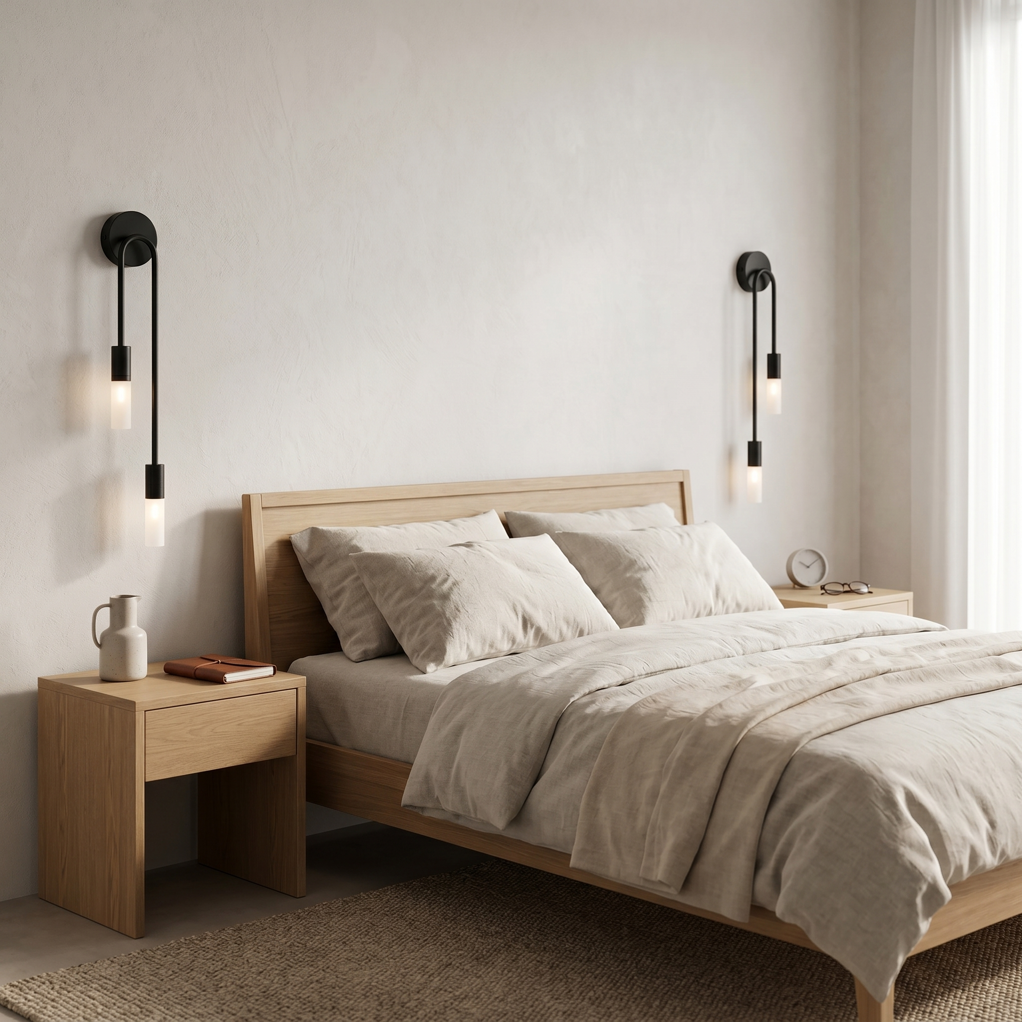 Black wall sconces flanking a bed in a serene bedroom