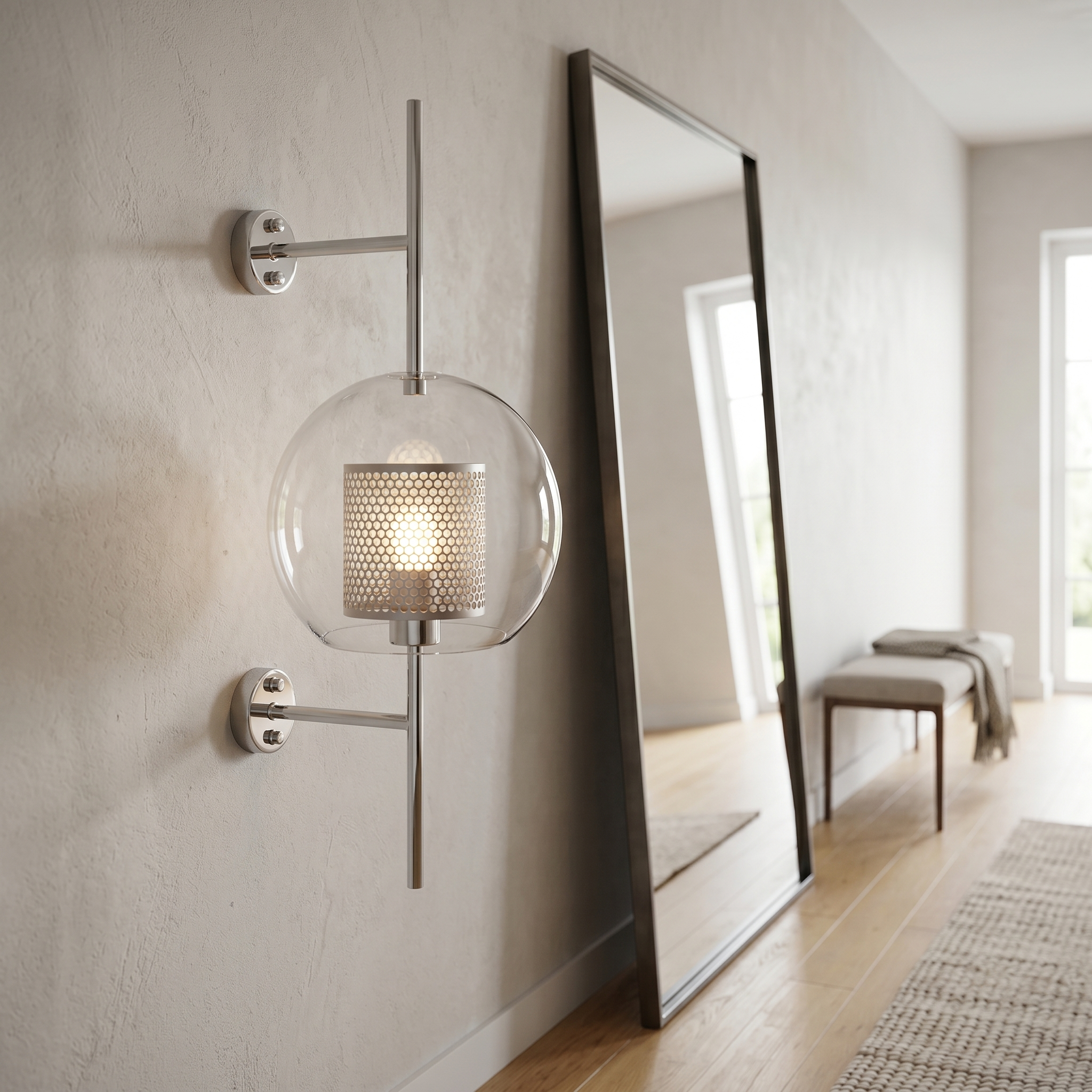 Alba Glass Wall Light - chrome globe beside hallway mirror