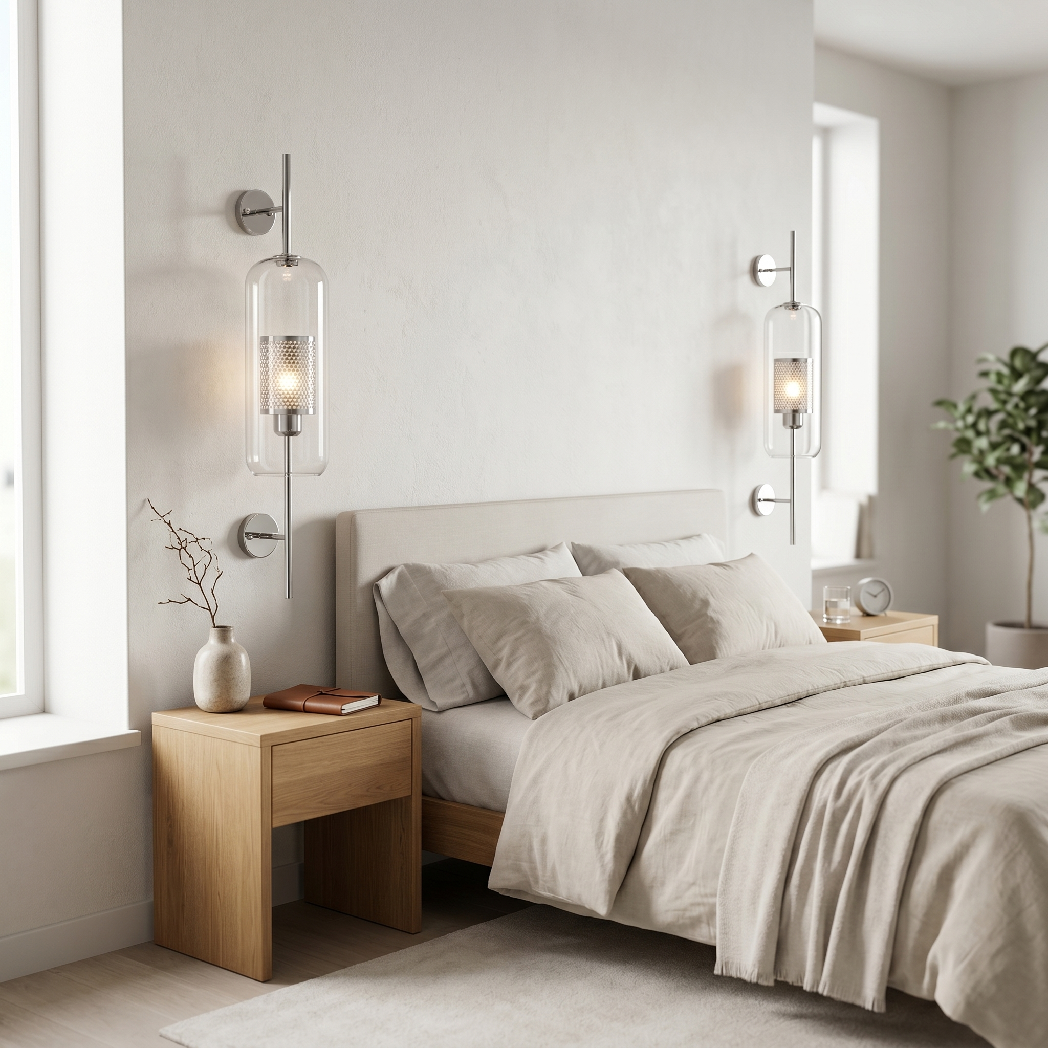 Alba Glass Wall Light - chrome cylinder pair flanking bed