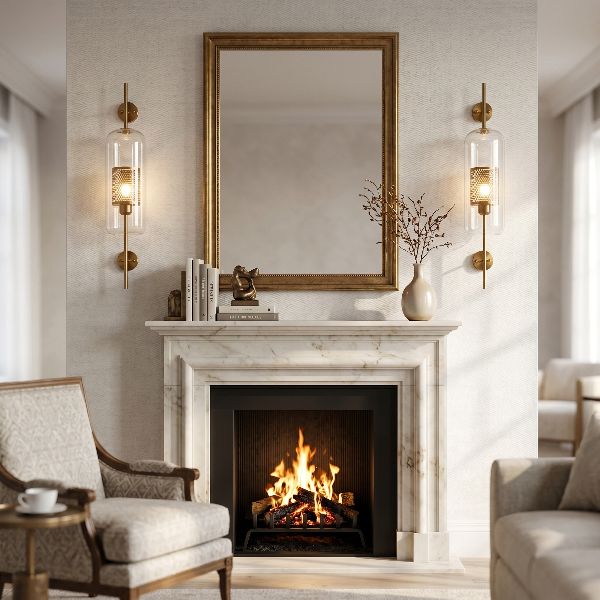 Alba Glass Wall Light - bronze cylinder pair flanking fireplace