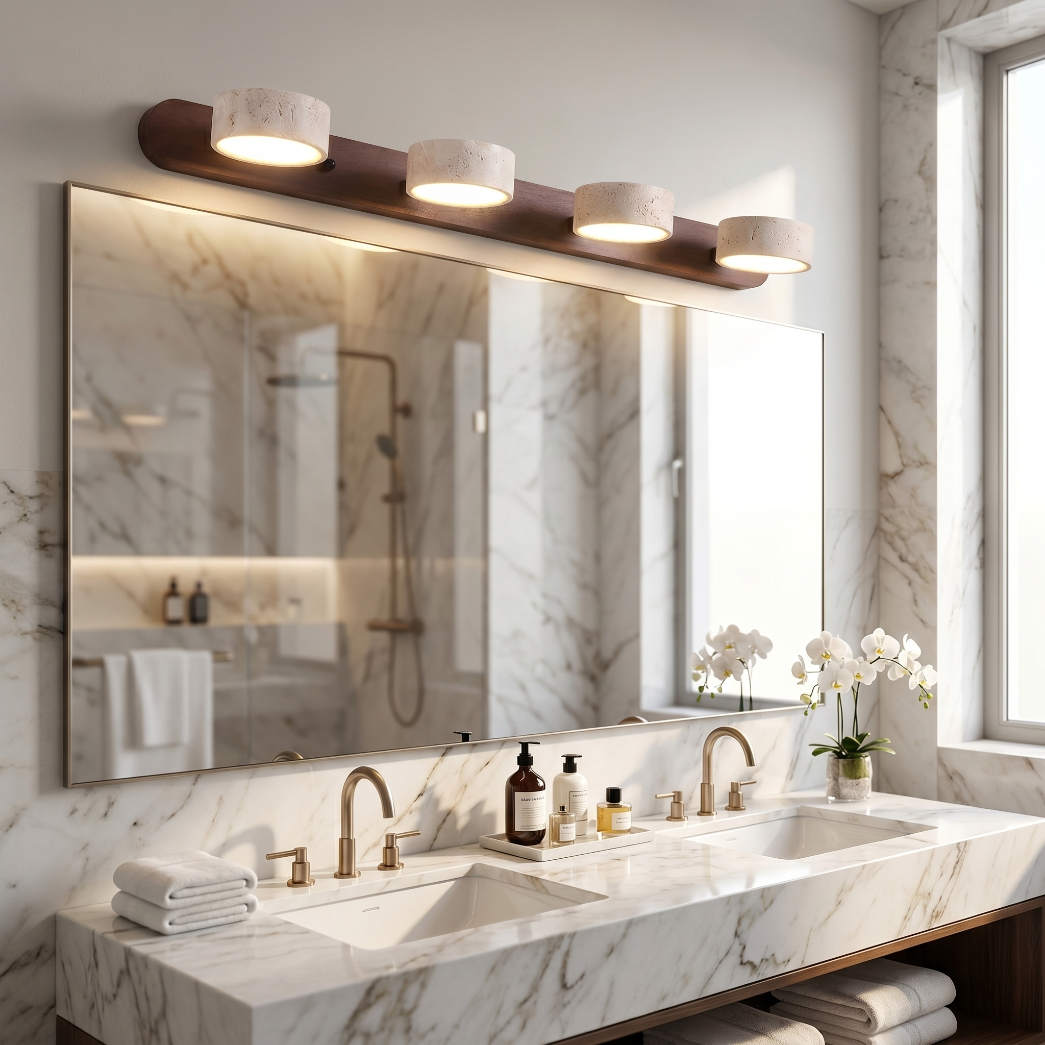 Lucenza Travertine Wall Light - walnut 4-light above marble bathroom vanity