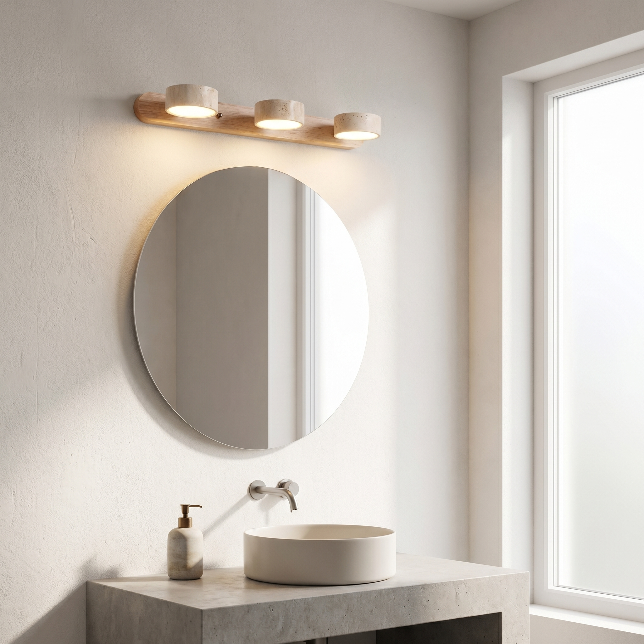 Lucenza Travertine Wall Light - oak 3-light above a round powder room mirror