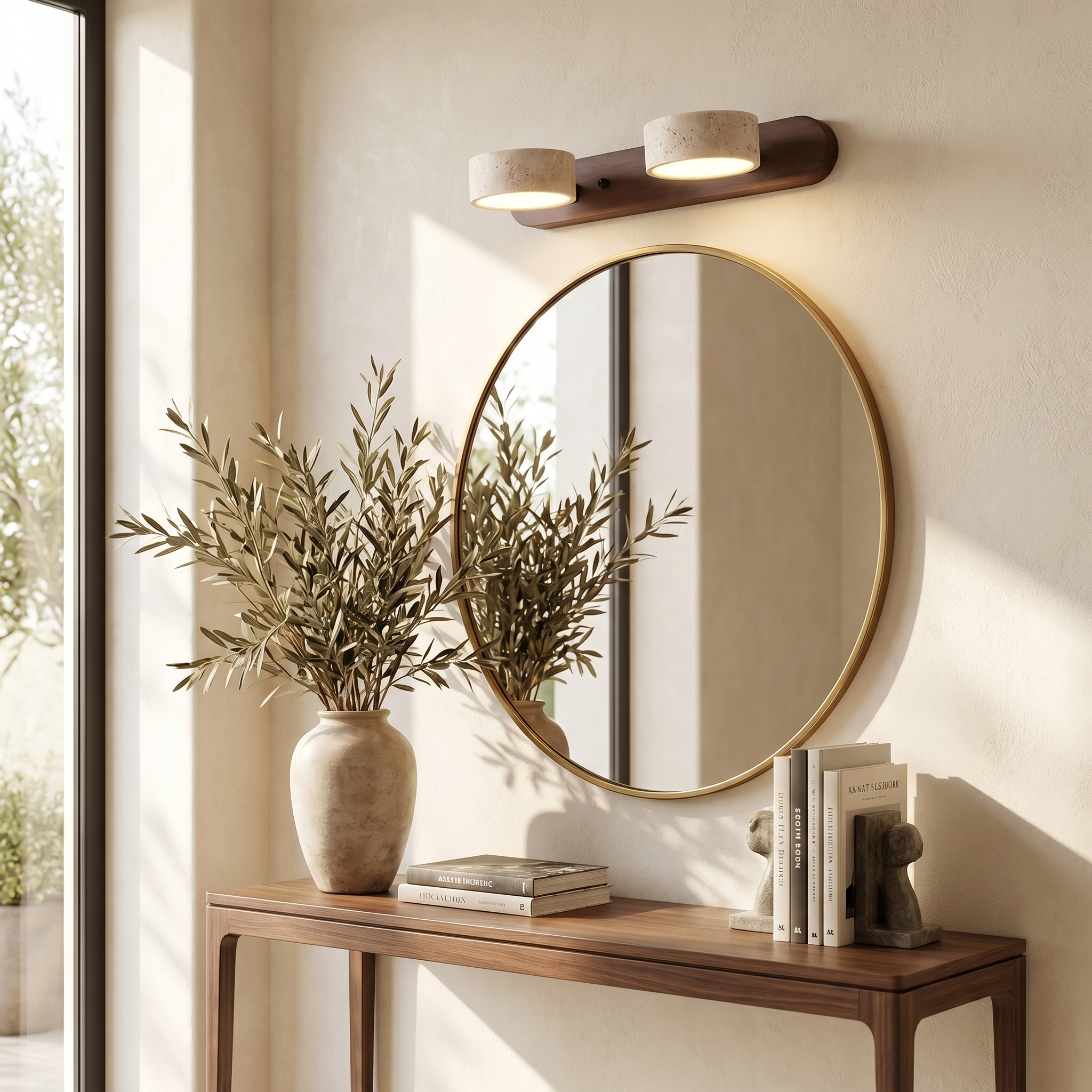 Lucenza Travertine Wall Light - walnut 2-light above an entryway console mirror