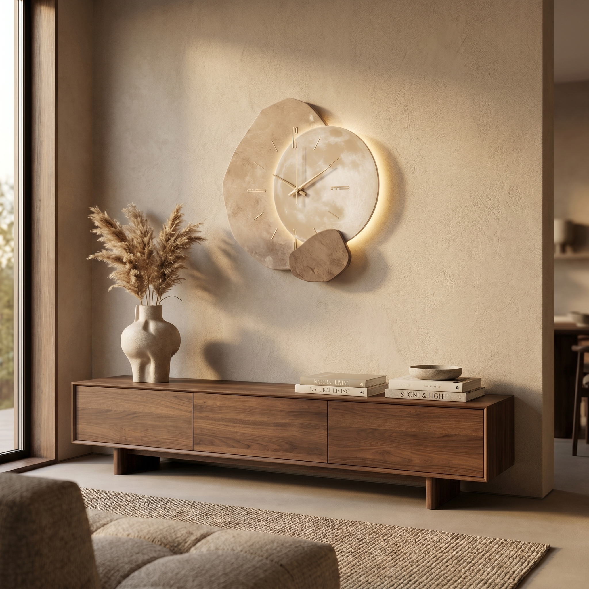 Wall clock - Moon design above a living room media console