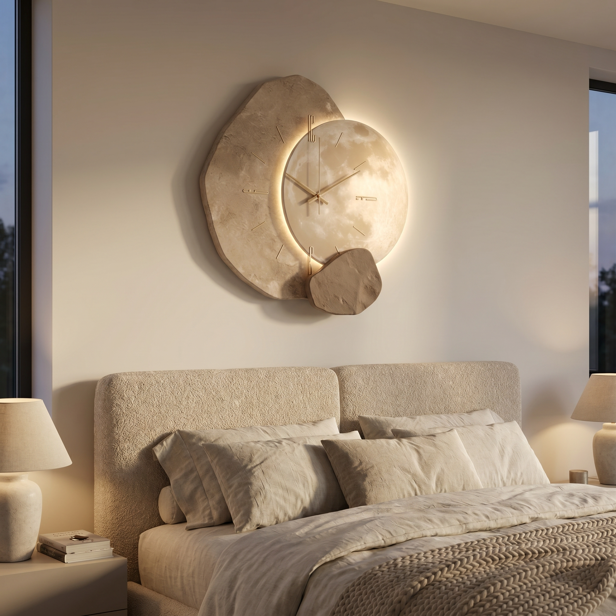 Wall clock - Moon design above a bedroom headboard