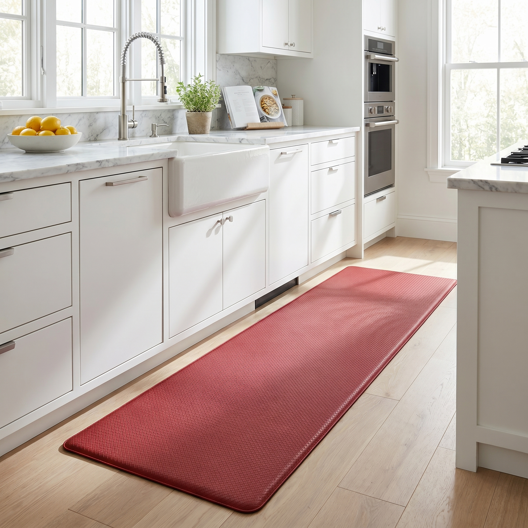 Kitchen mat - red runner in a bright white kitchen