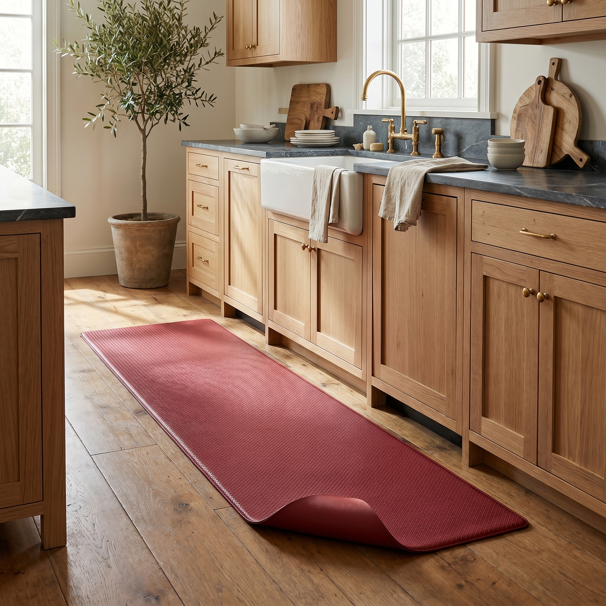 Kitchen mat - red runner in a warm wood kitchen