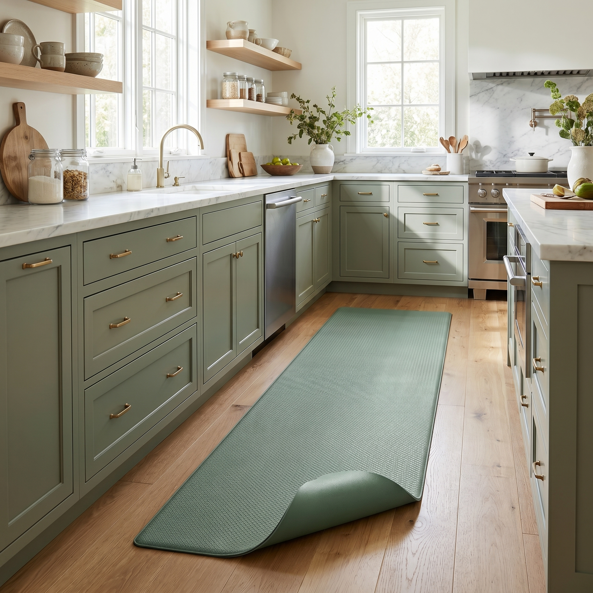 Kitchen mat - sage green runner in a sage kitchen