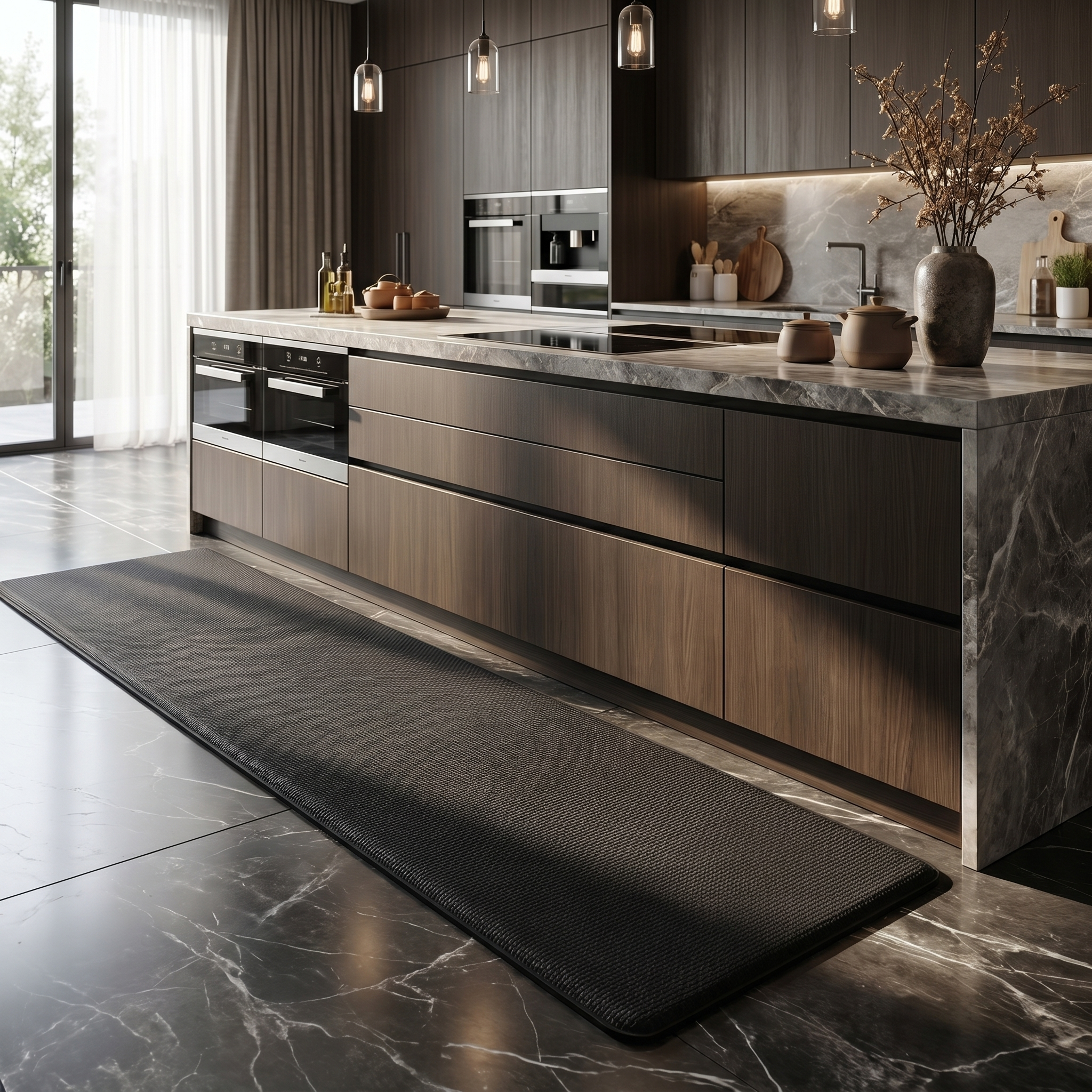 Kitchen mat - black runner in a luxury marble kitchen