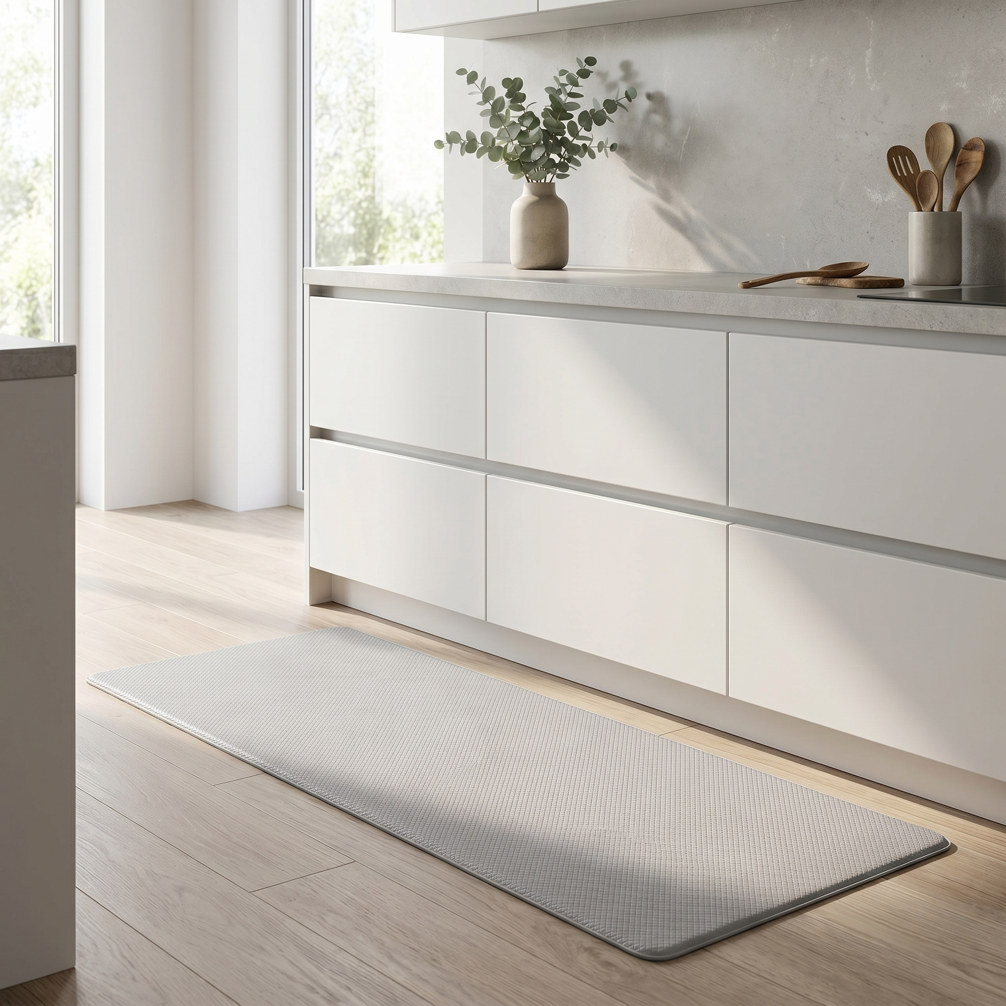 Kitchen mat - light gray runner in a minimalist kitchen