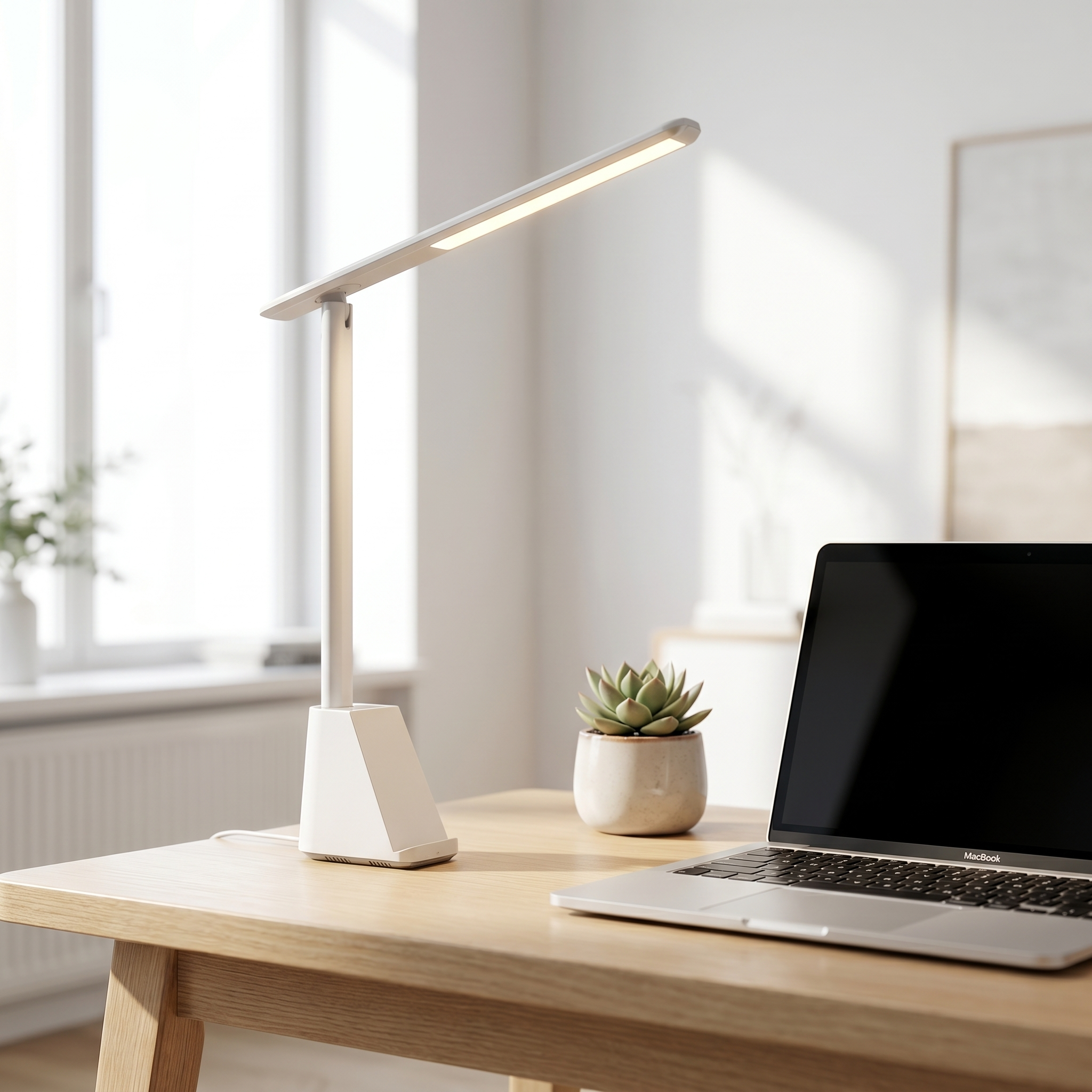 Foldable LED desk lamp - white on a home office desk