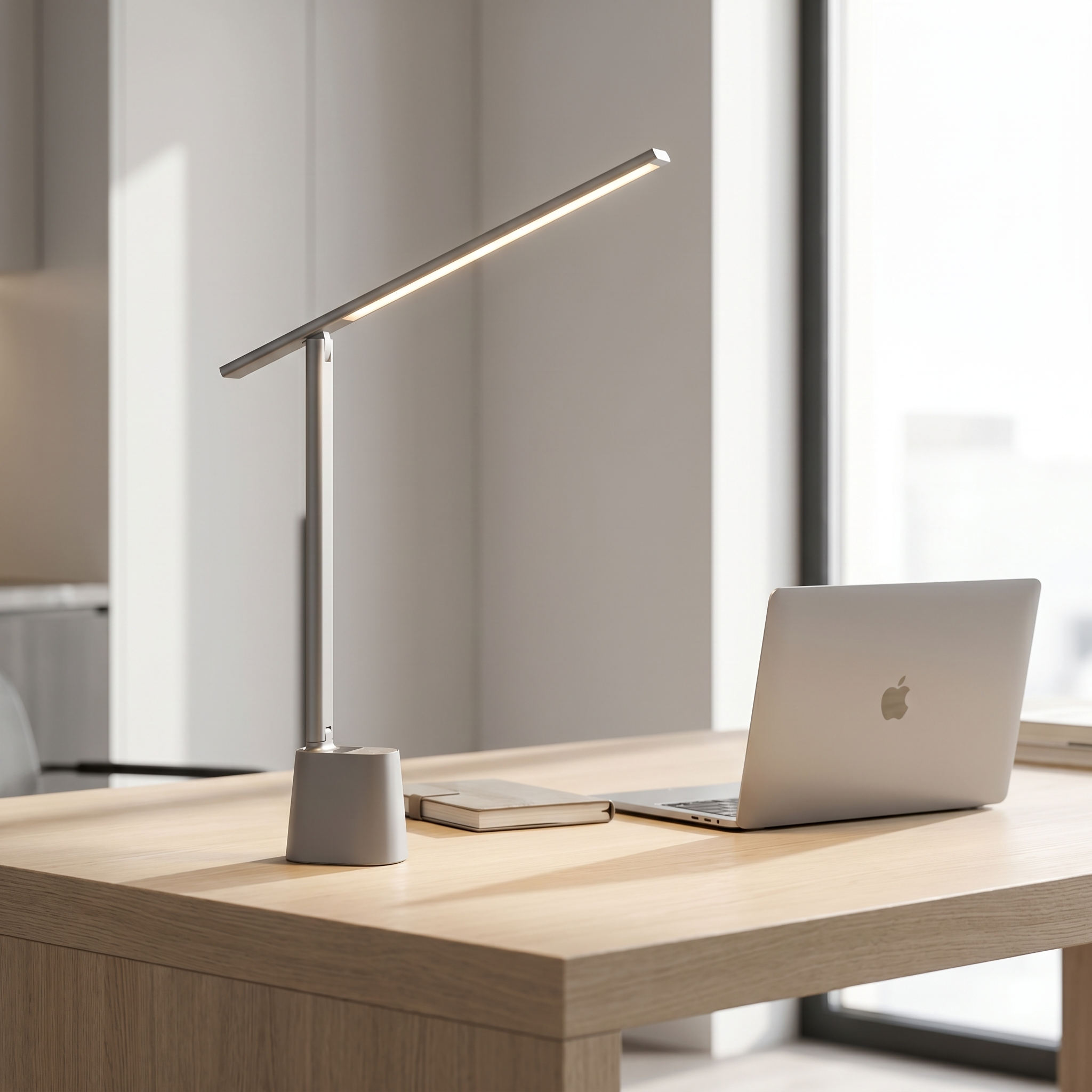 Foldable LED desk lamp - gray on a minimalist desk with laptop