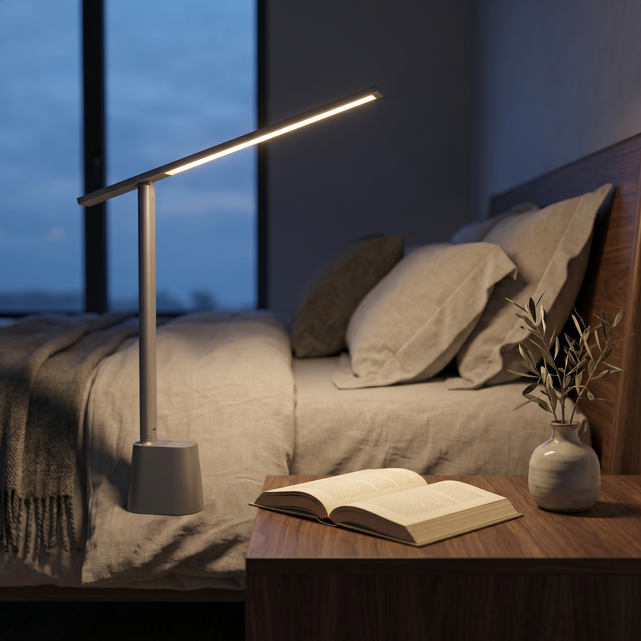 Foldable LED desk lamp - gray on a bedside nightstand