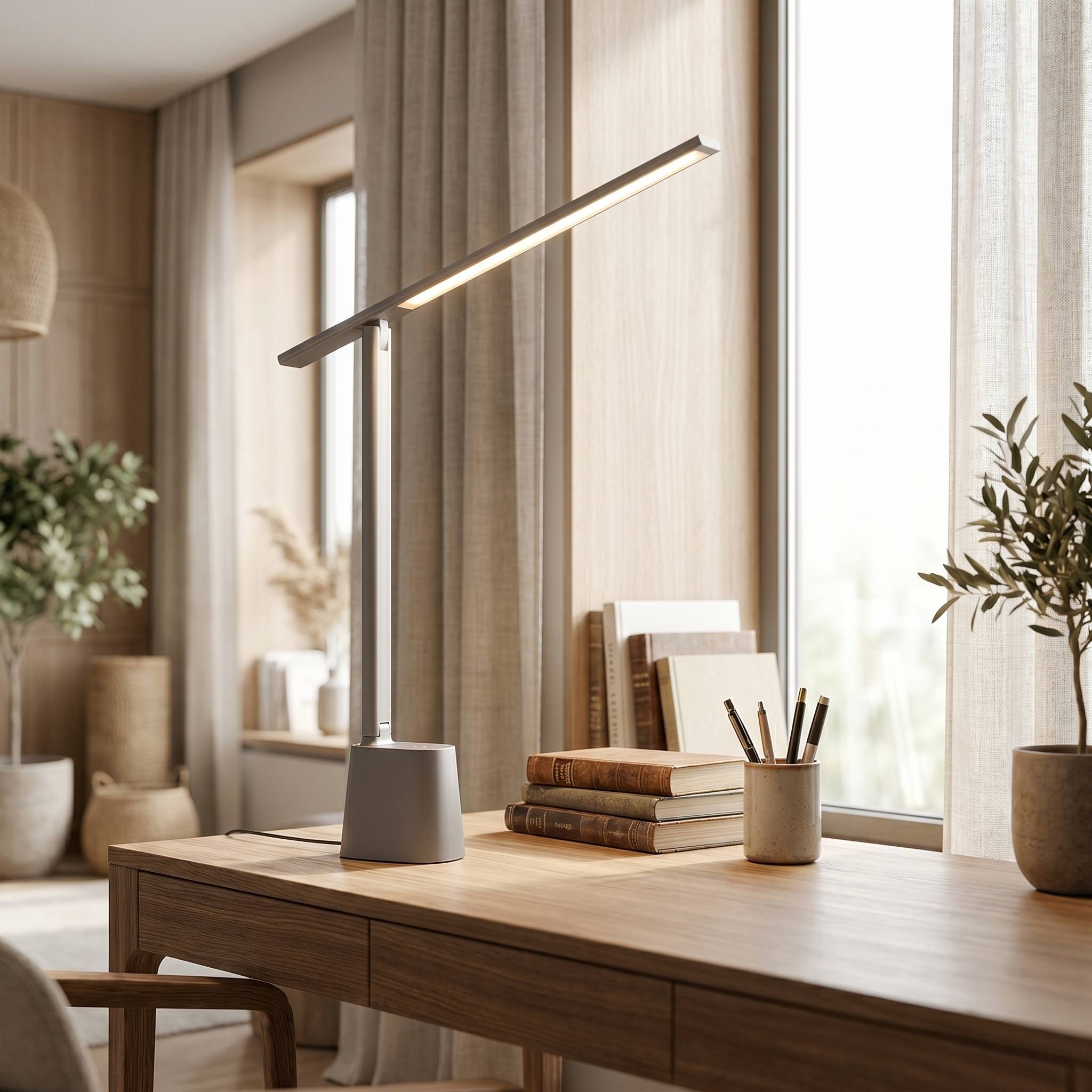 Foldable LED desk lamp - gray on a study desk by a window