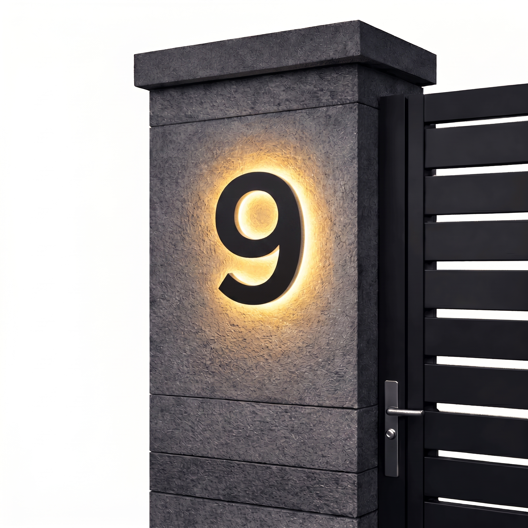 Illuminated house number 9 - black with warm LED halo
