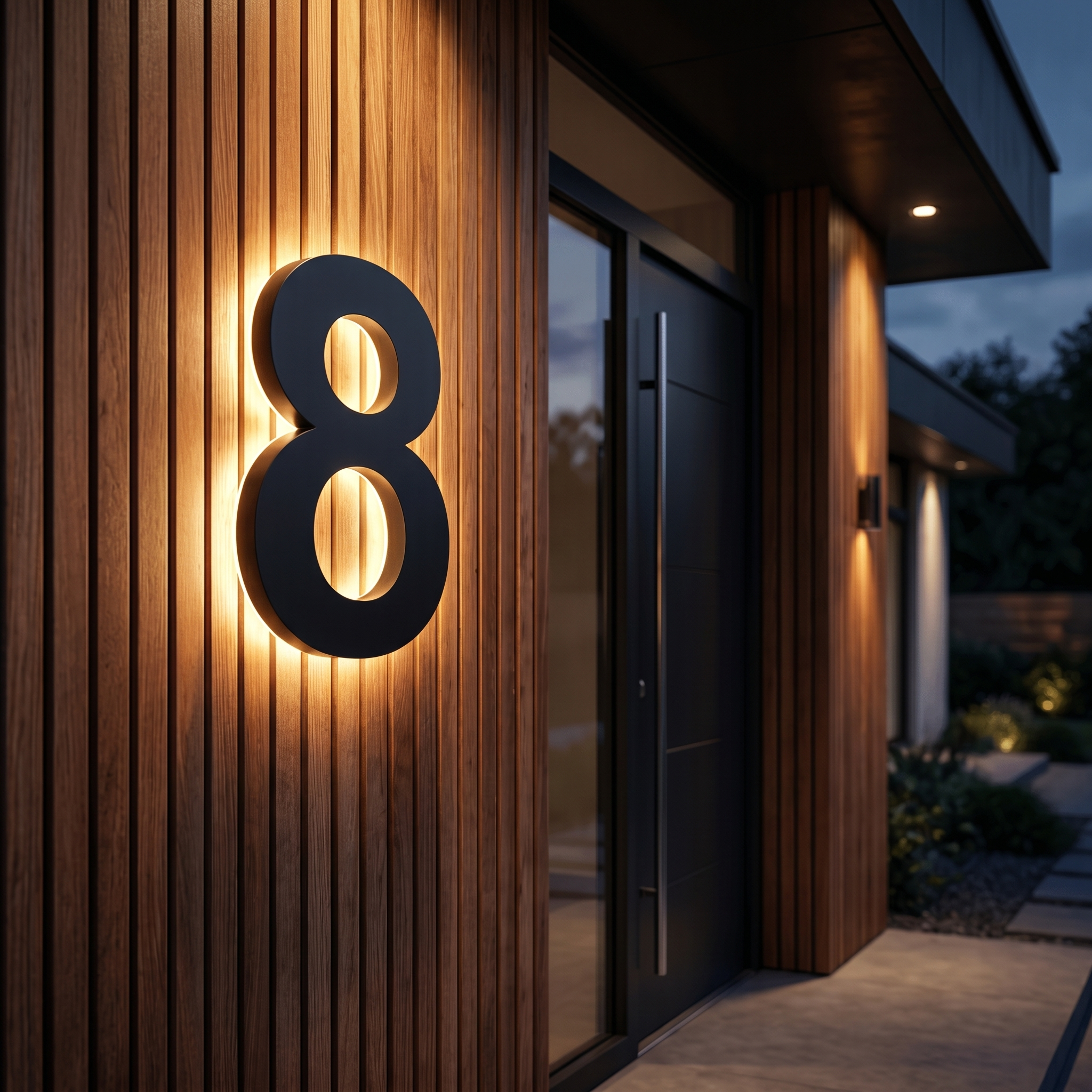 Backlit house number 8 on a wood-slat facade at dusk