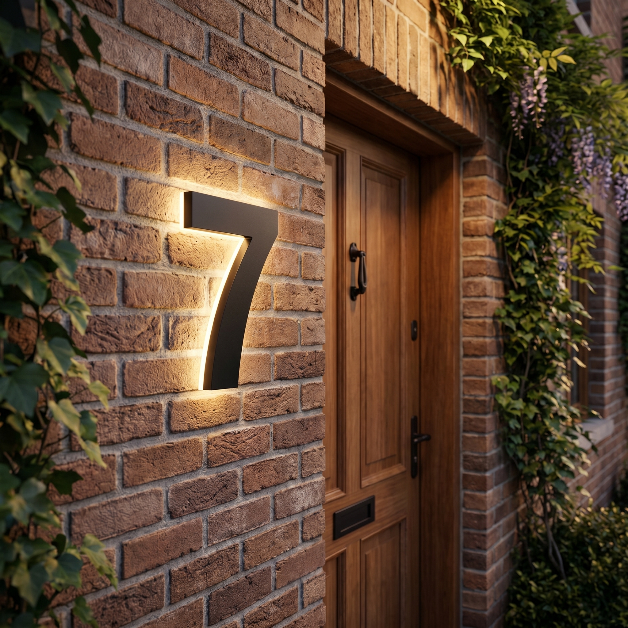 Backlit house number 7 on a brick wall with plants