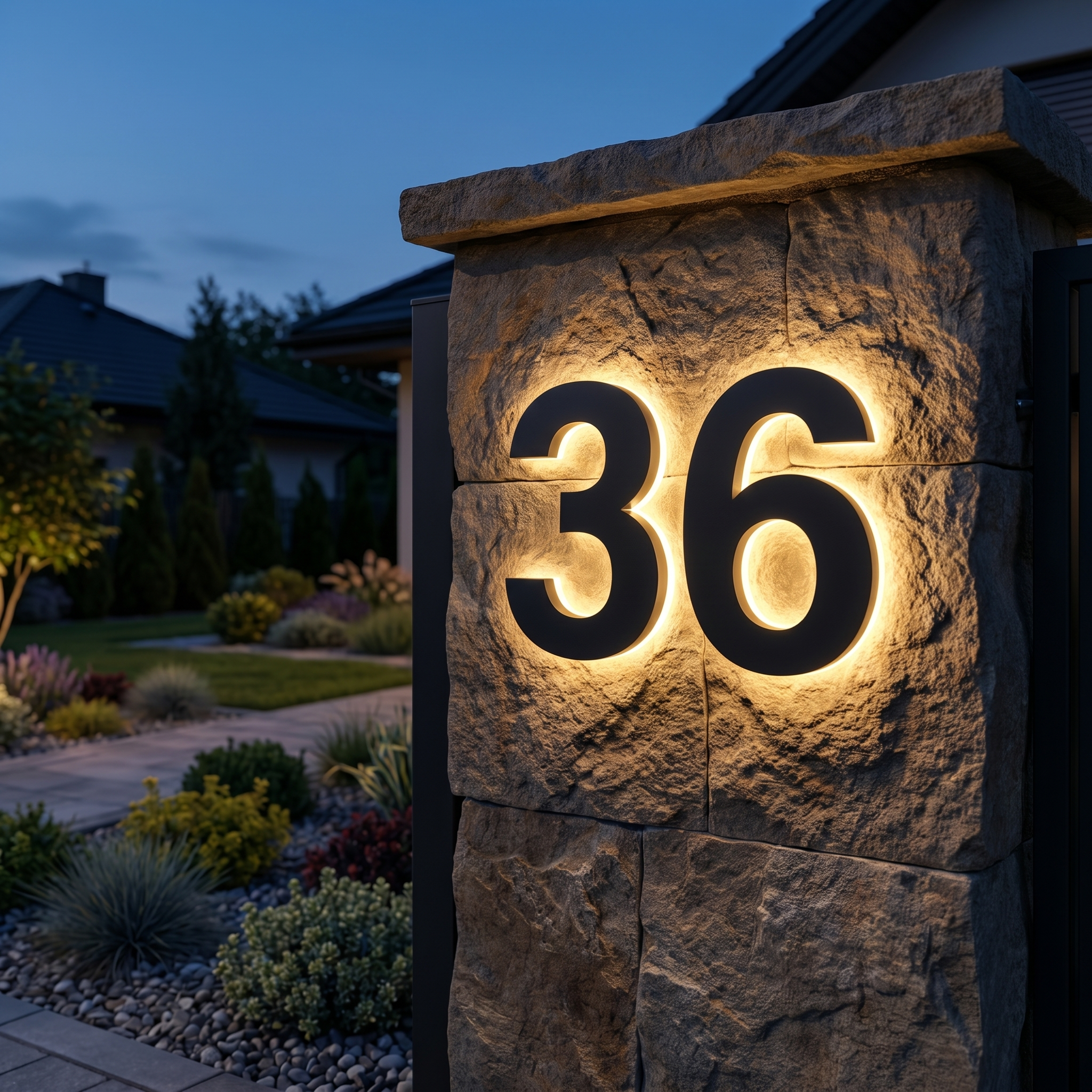 Backlit house number 36 on a stone gate pillar at dusk