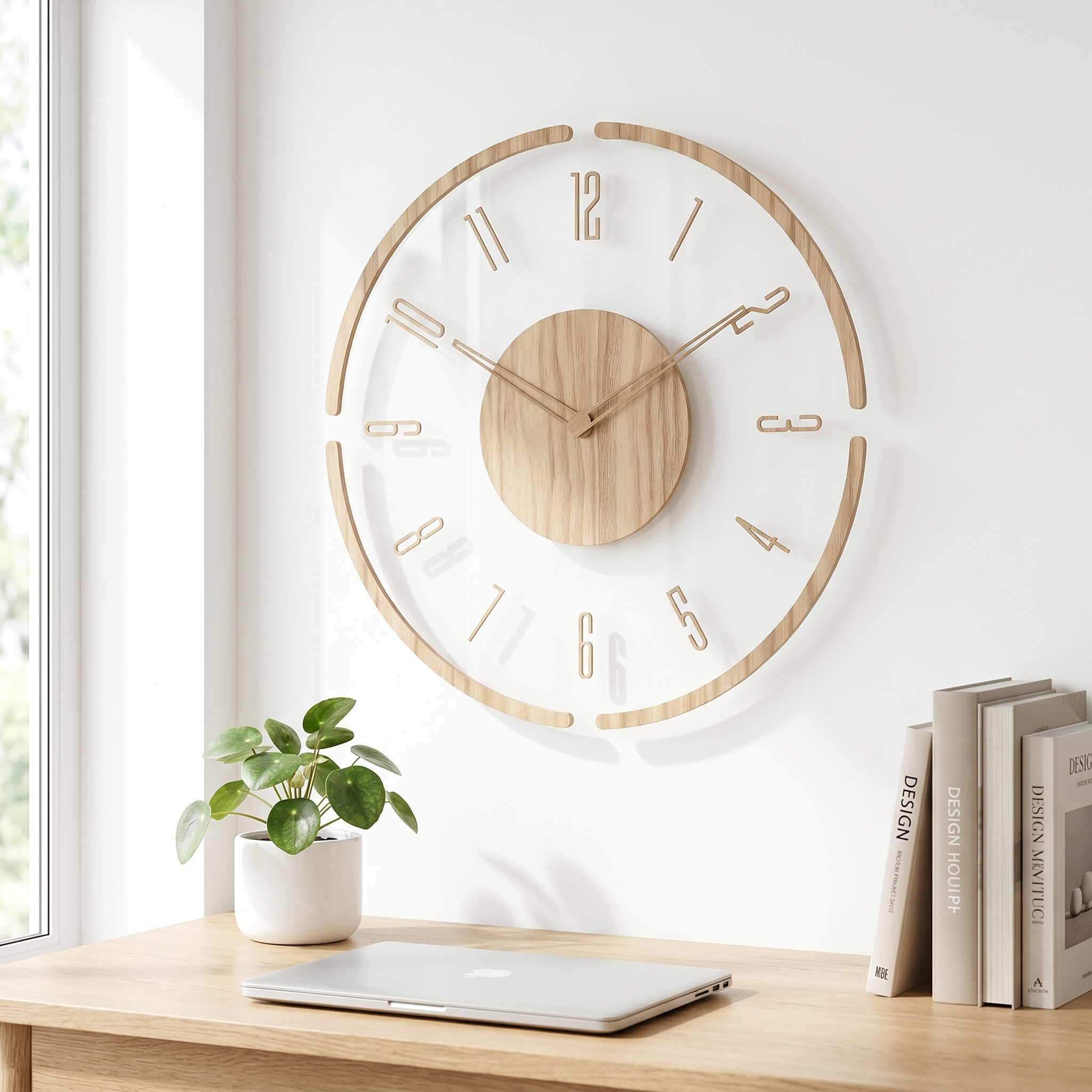 Scandinavian wood wall clock with segmented ring in a home office