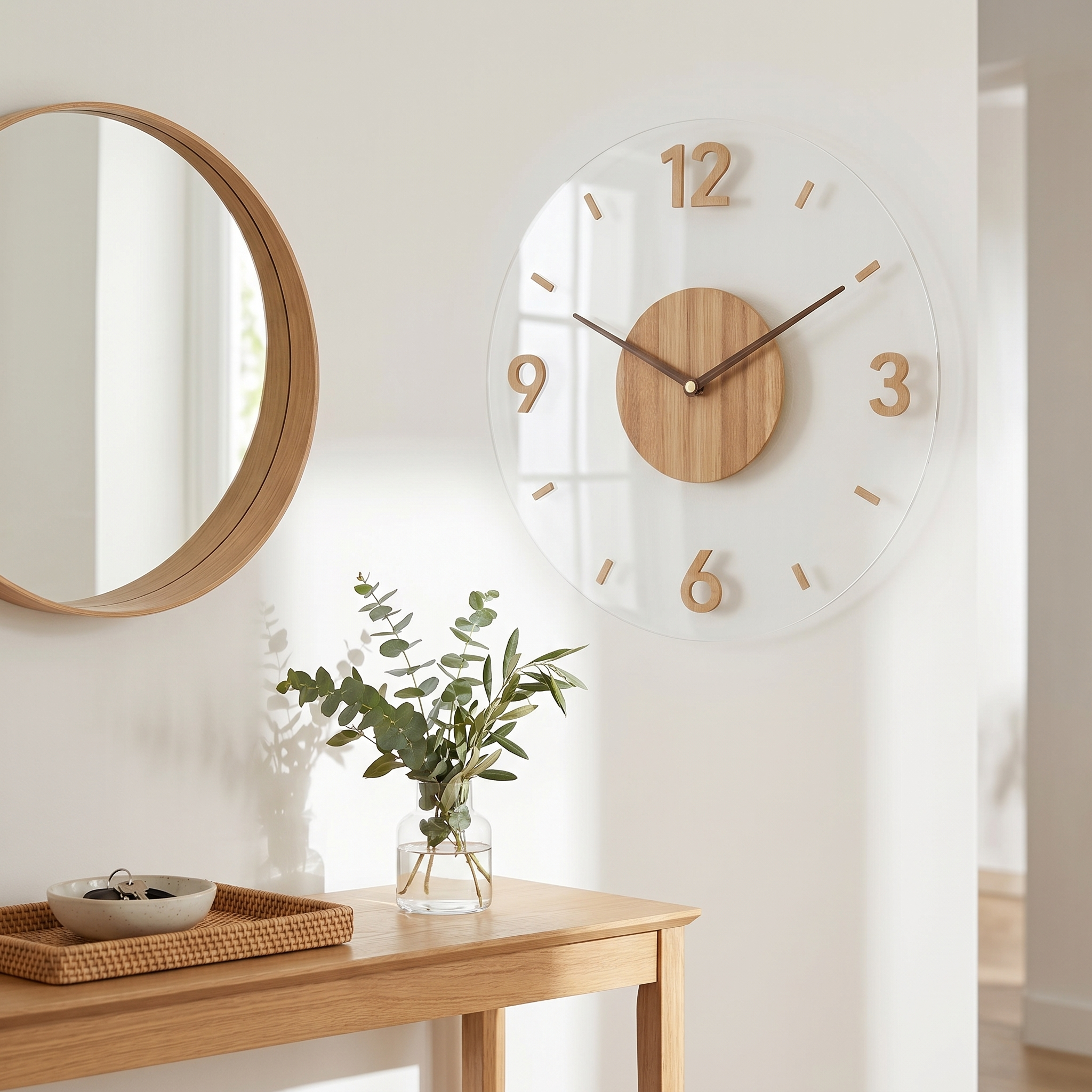 Scandinavian wood wall clock in a bright entryway with mirror