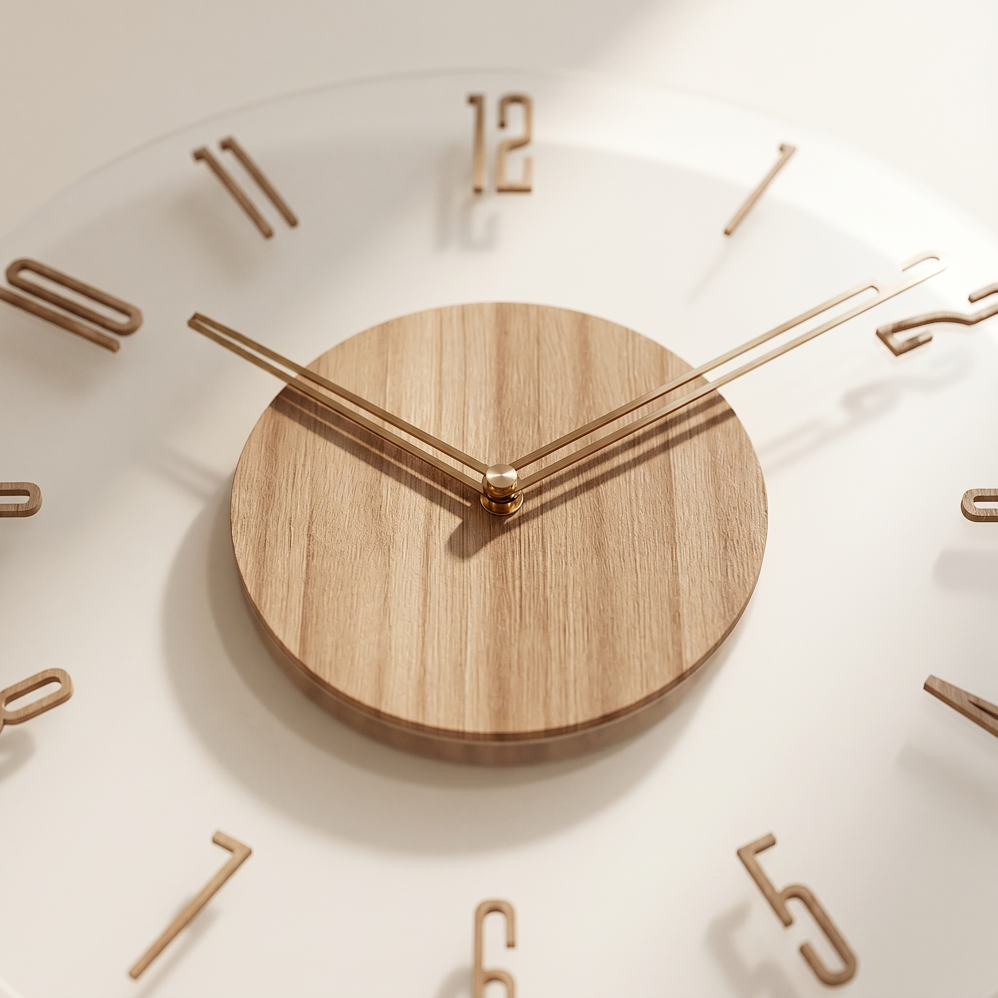 Close-up of the oak wood center and brass hands of the Scandinavian wall clock