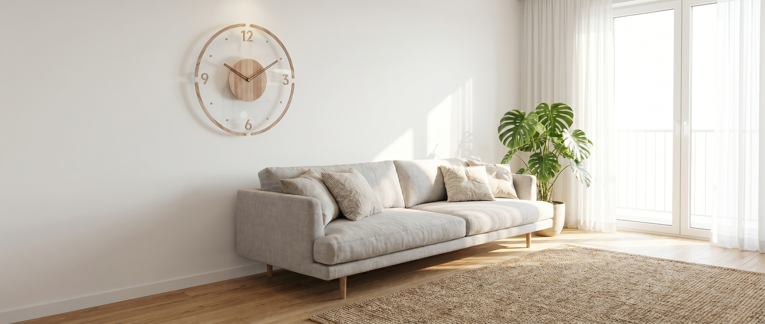 Betulla Silent Wooden Wall Clock in a bright living room