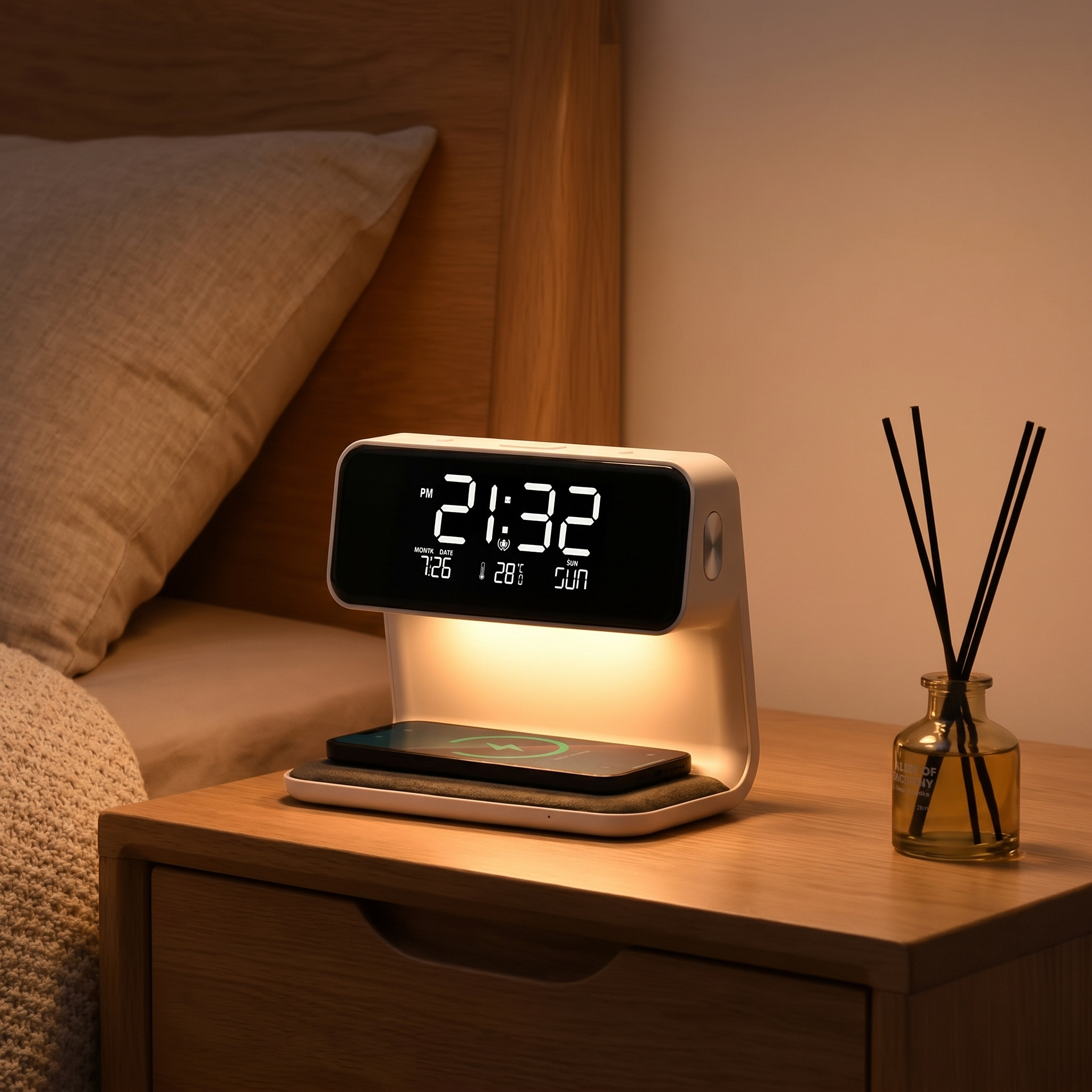 Aurora bedside station with warm night light glowing, phone charging in the evening