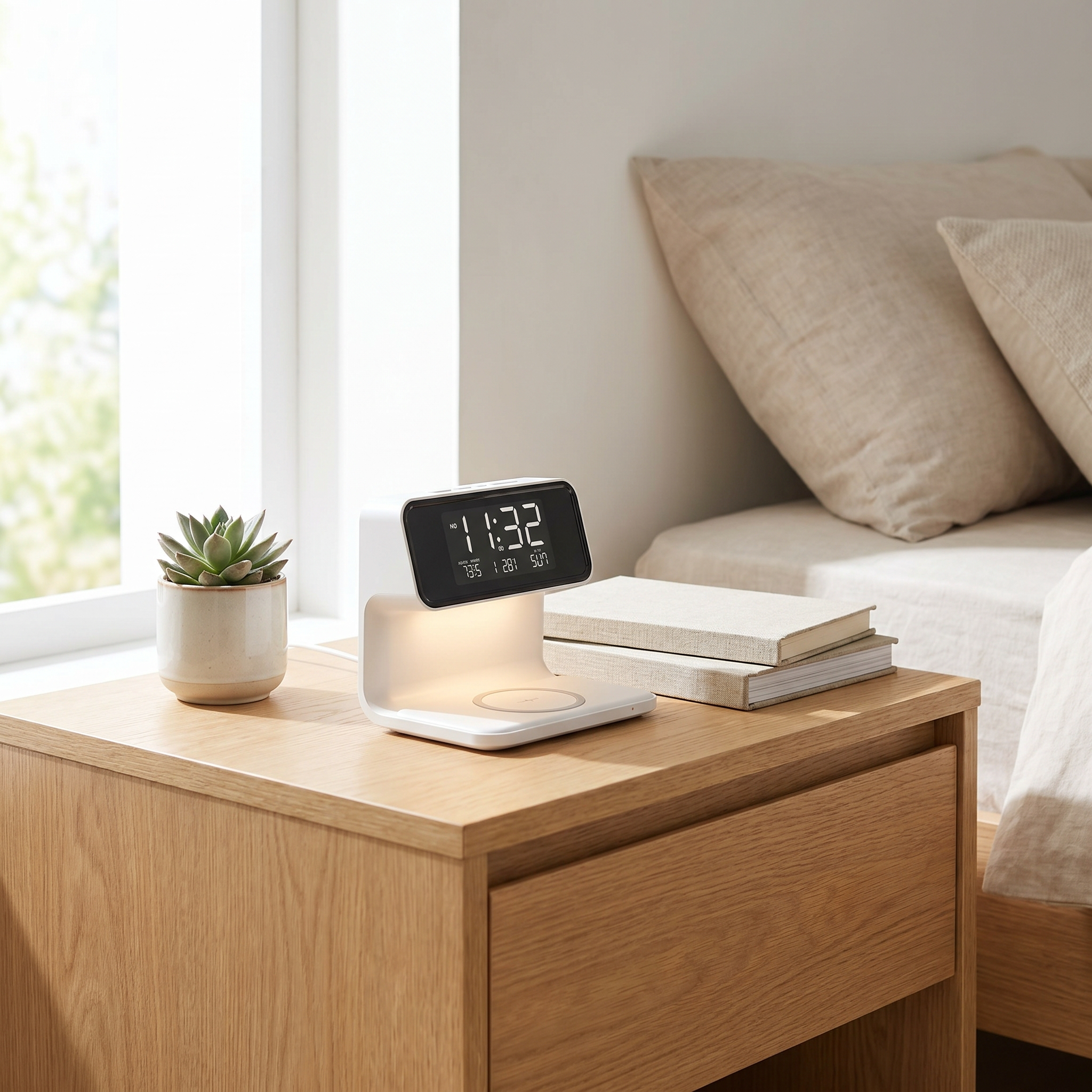 Aurora nightstand station on an oak nightstand in a bright Scandinavian bedroom