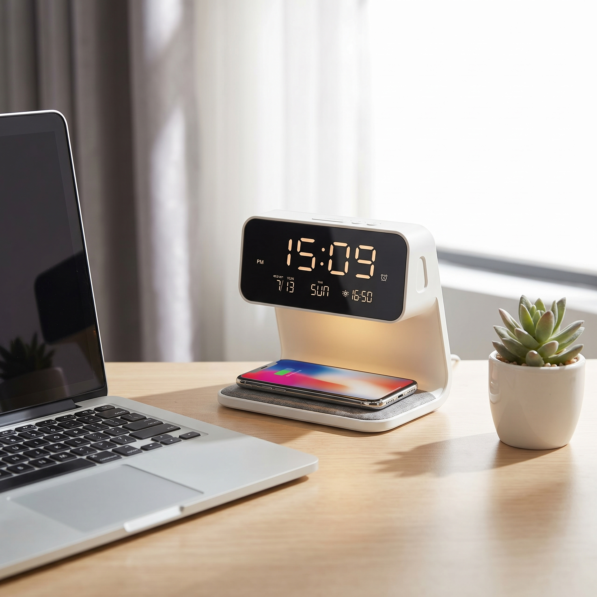 Aurora 3-in-1 station charging a phone on a home office desk in daylight