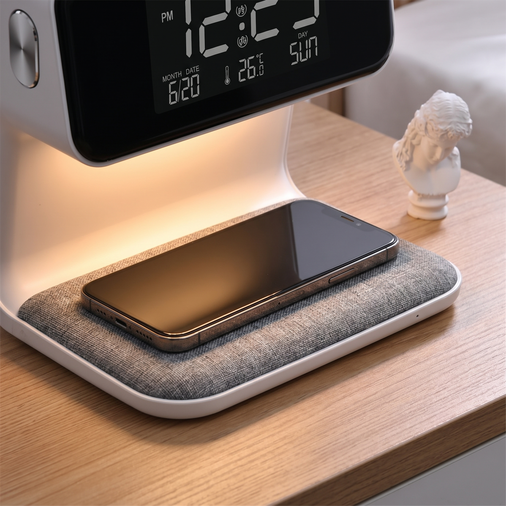 Smartphone charging on the wireless pad of the Aurora bedside station with warm glow