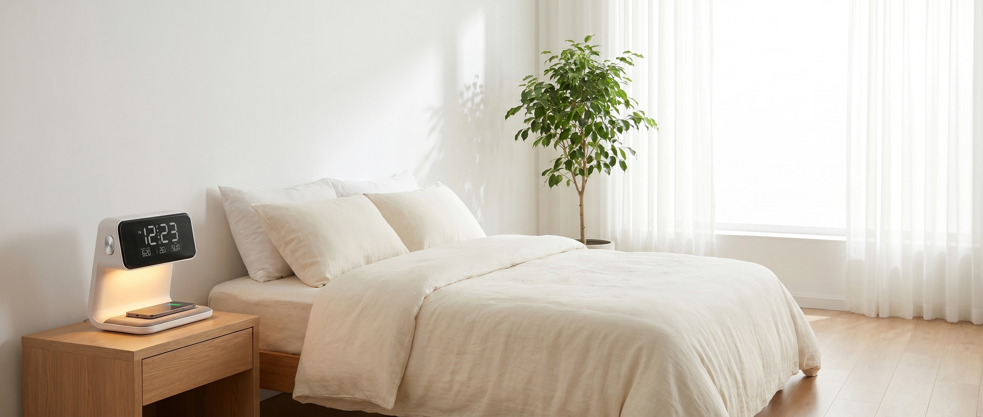 Aurora 3-in-1 bedside station in a bright serene bedroom