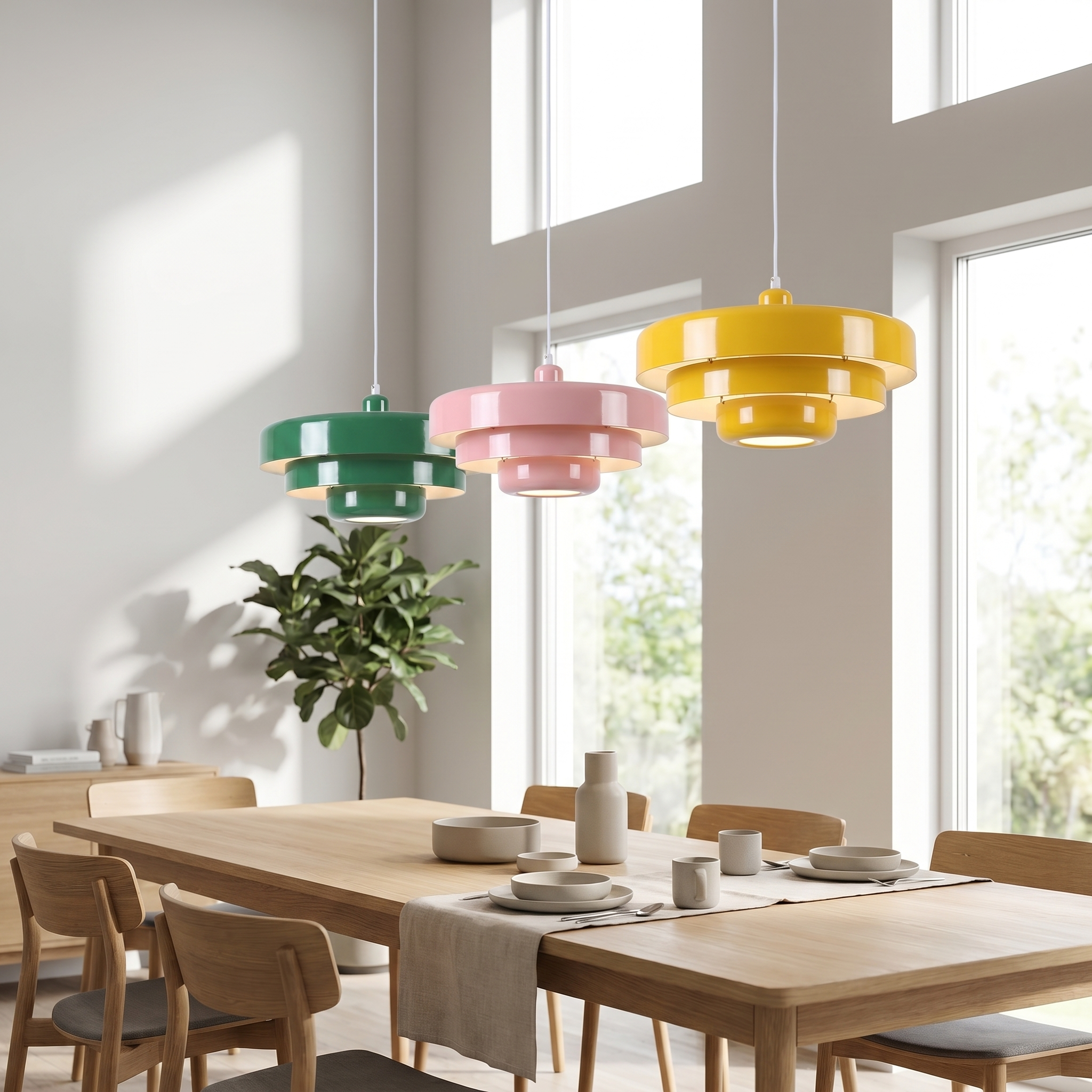 Green, pink and yellow macaron pendant lights over a long dining table