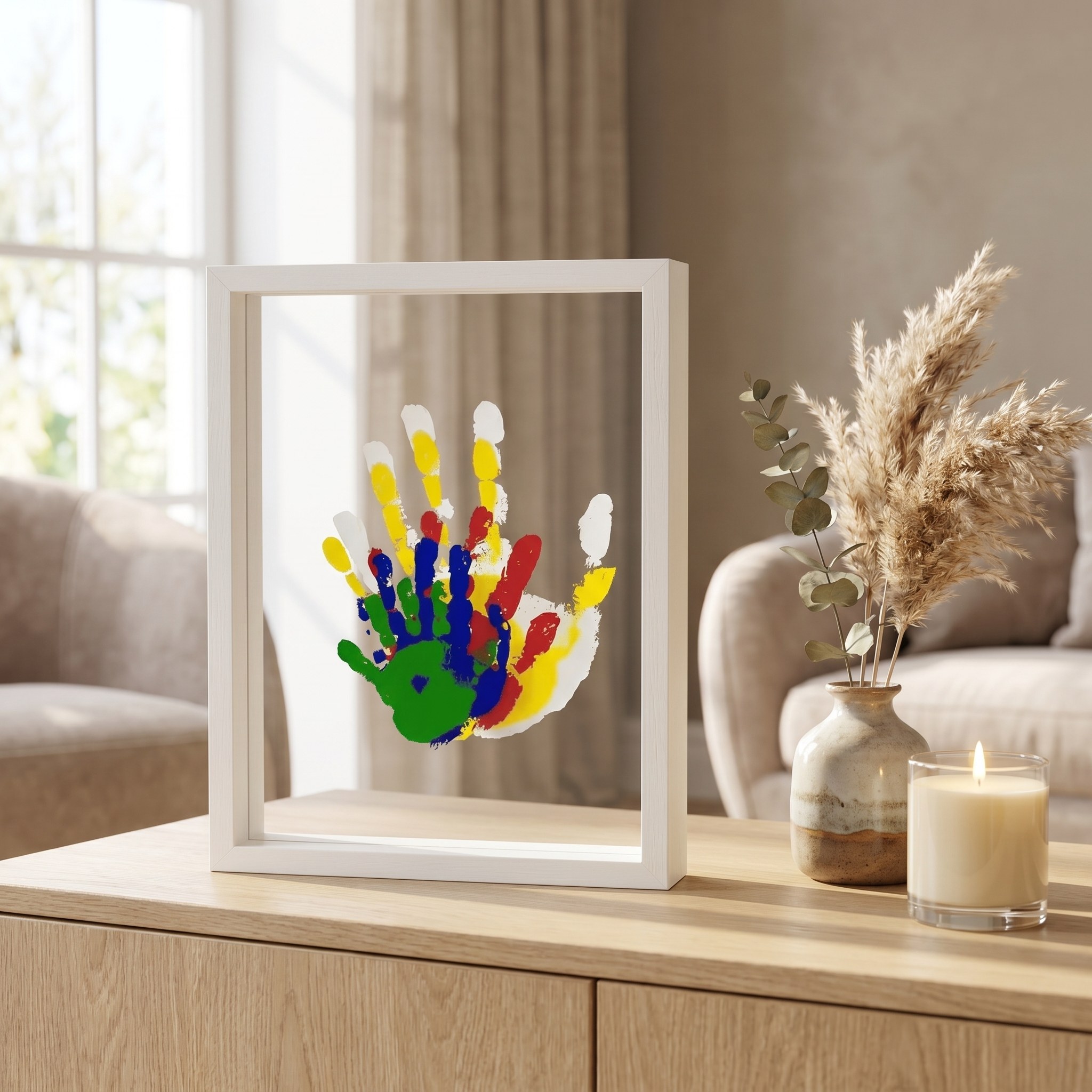 White keepsake frame on a living room console with eucalyptus and a candle