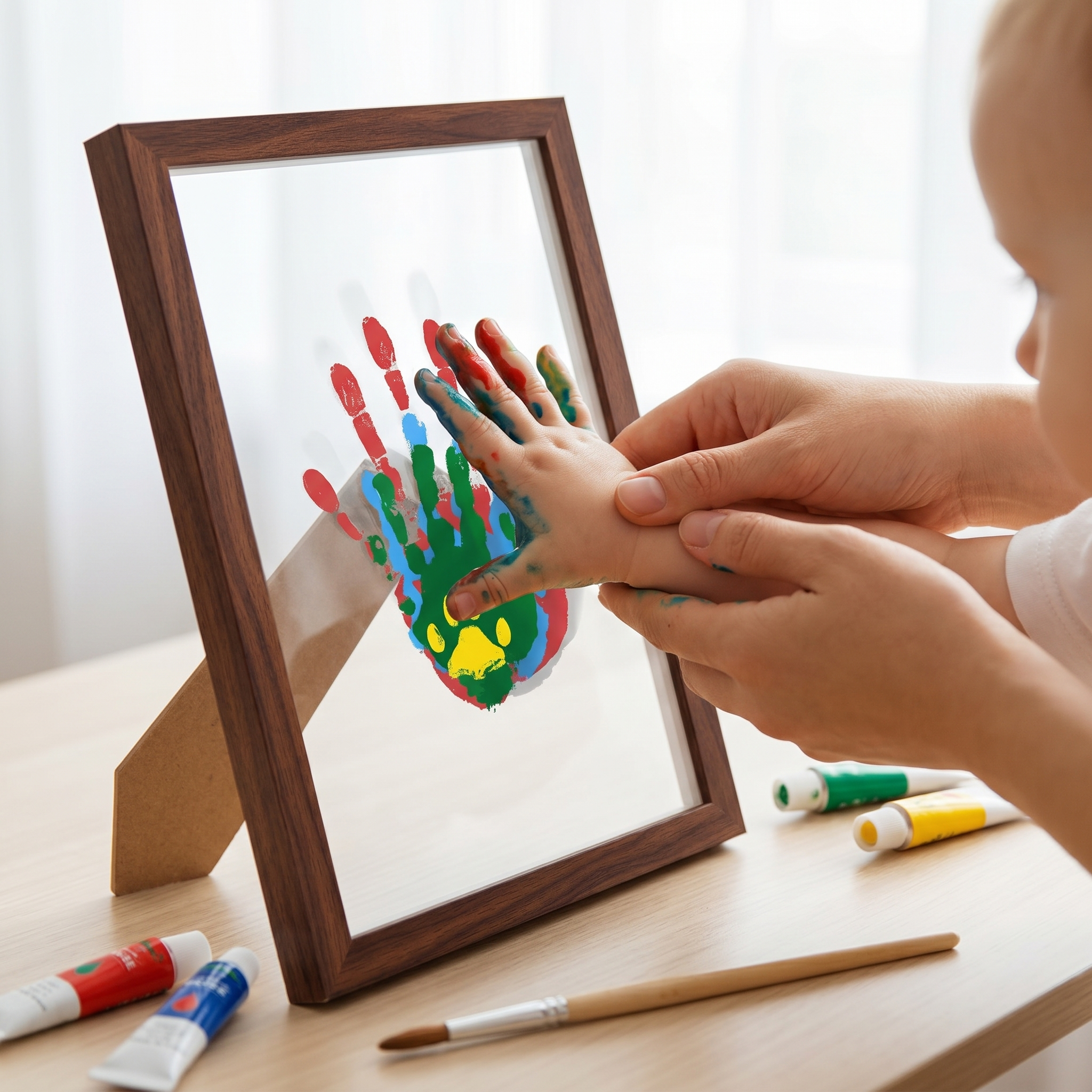 Parent gently helping a baby make a colourful handprint in the keepsake frame
