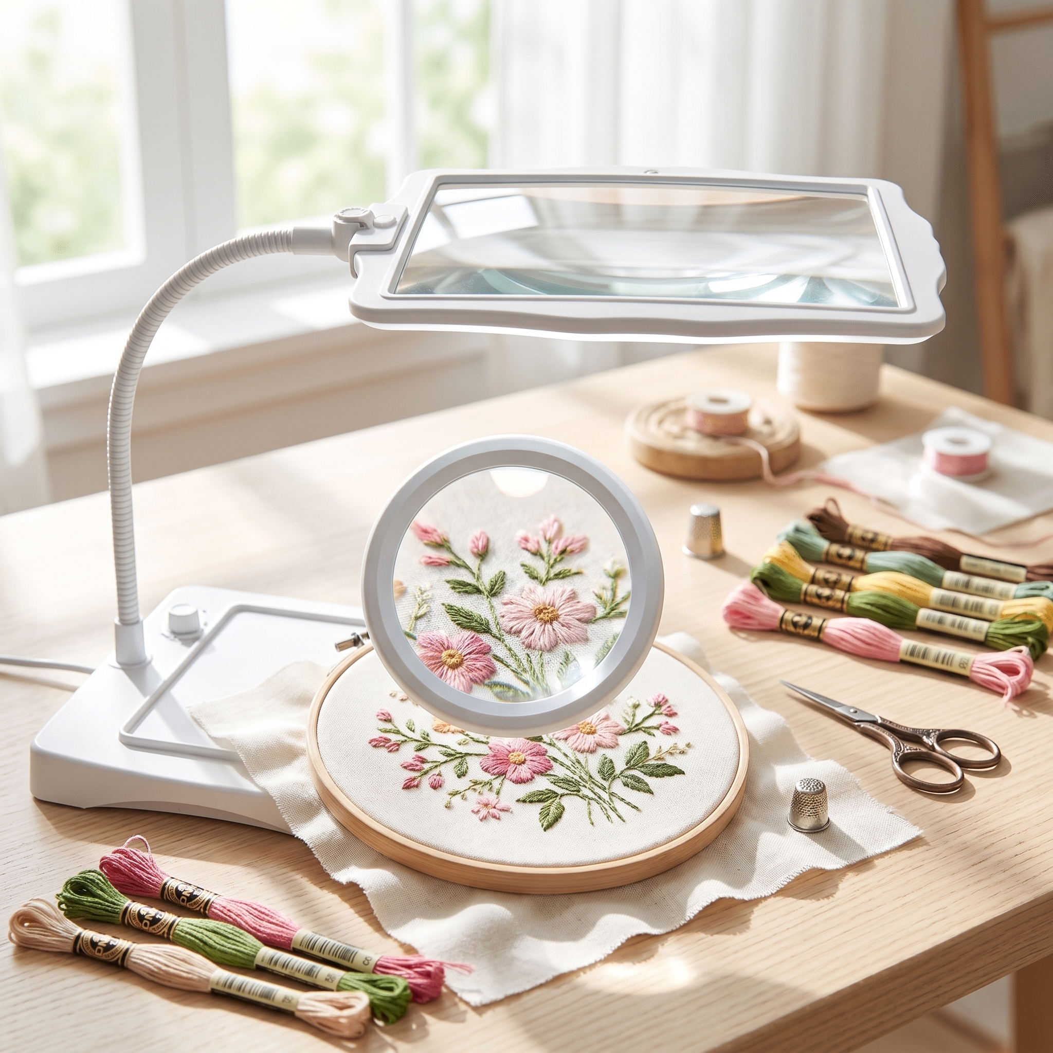 White magnifying lamp over embroidery on a bright craft desk
