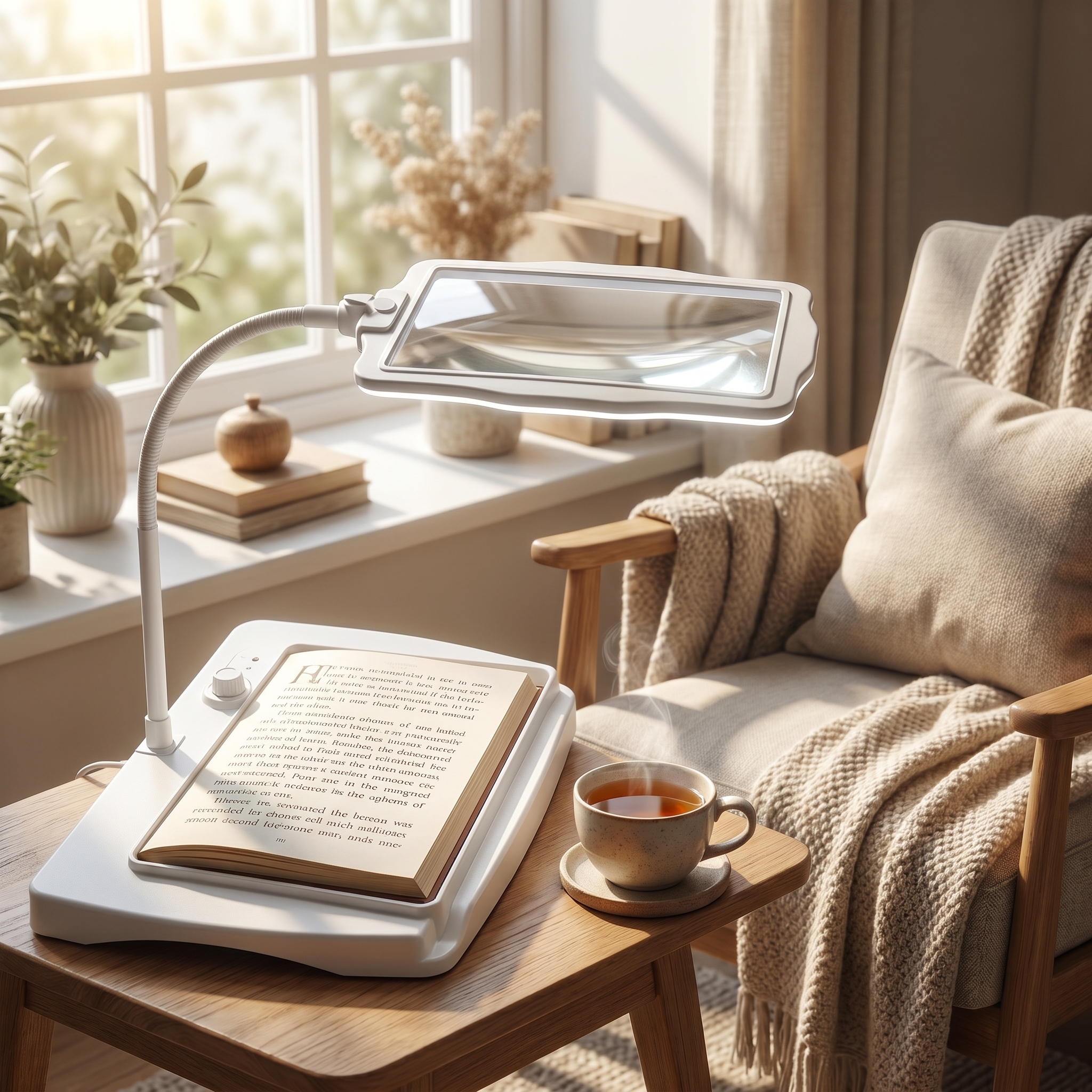 White magnifying lamp over an open book in a cozy reading nook