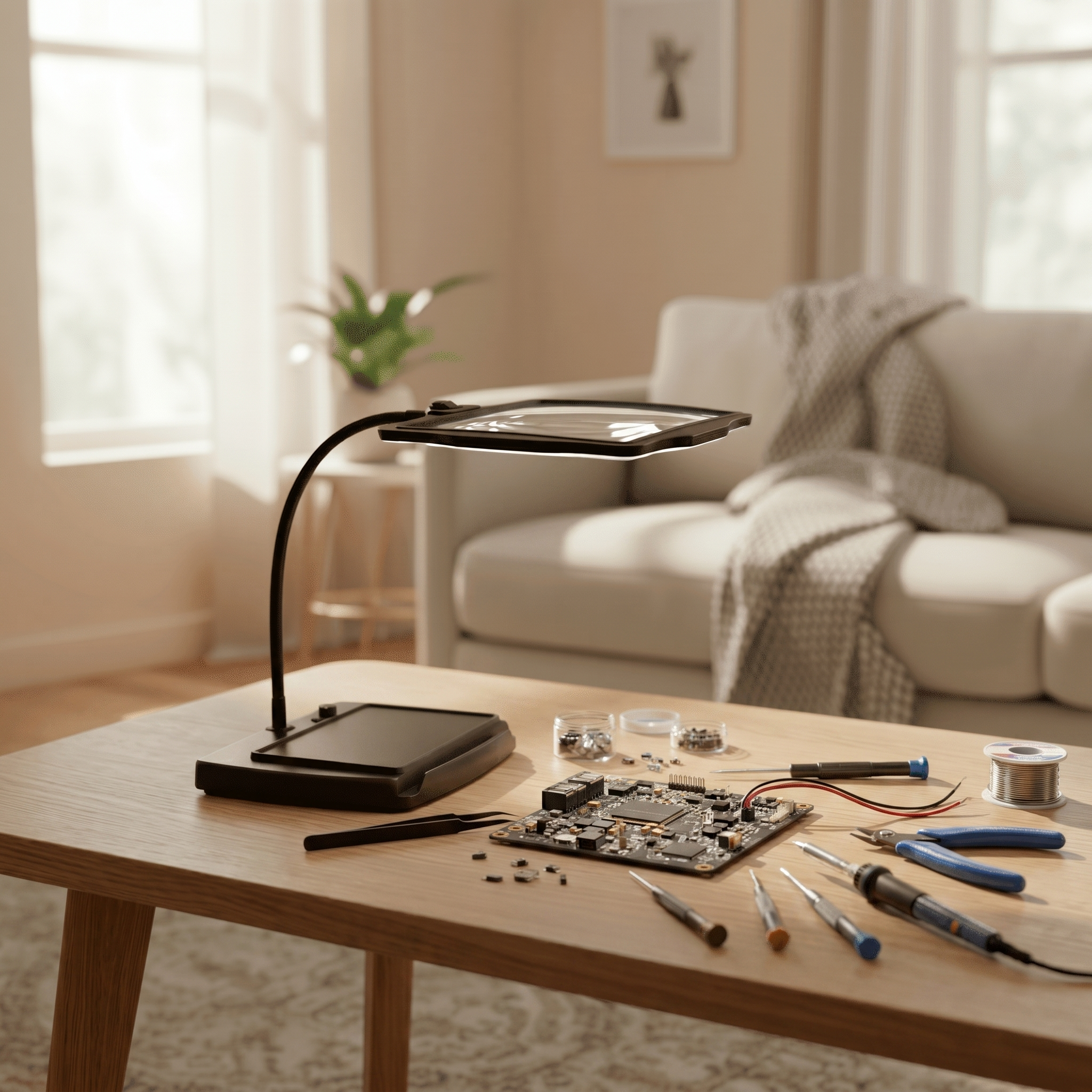 Black magnifying lamp over a circuit board for detailed electronics work